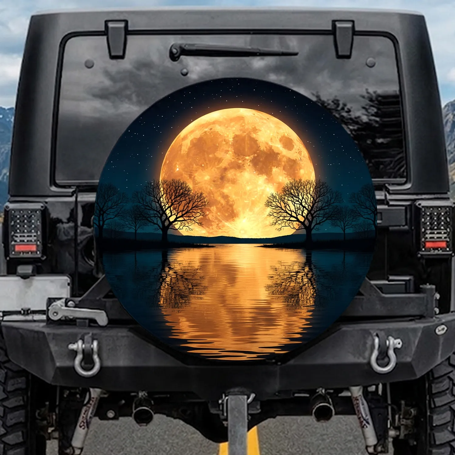Golden Harvest Moon Reflection Dark Trees Night Sky - Outdoor Lover Home Decor Gift Spare Tire Cover - 1