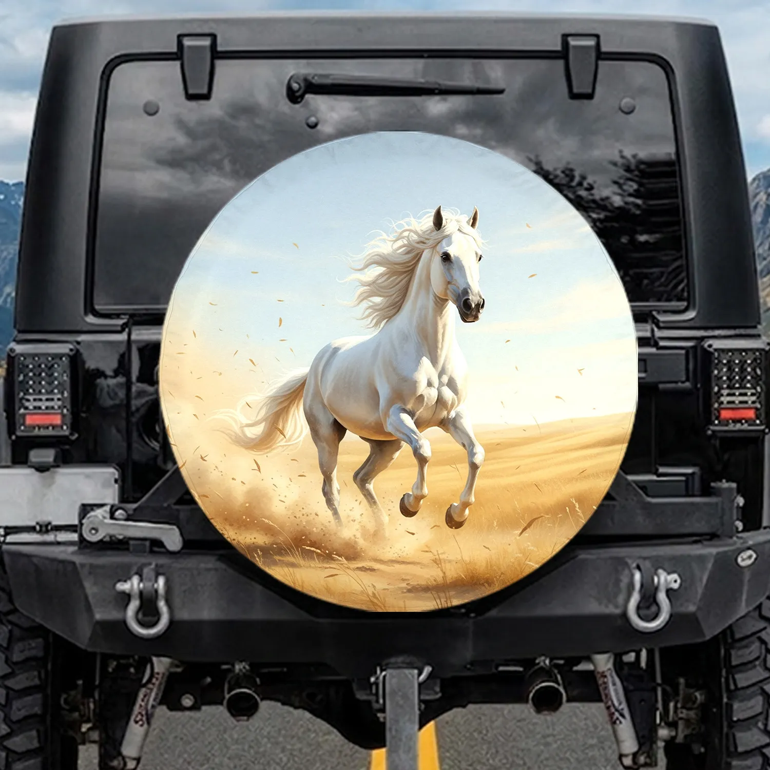 Majestic White Horse Galloping Golden Grassland - Wildlife Lover Gift Spare Tire Cover - 1