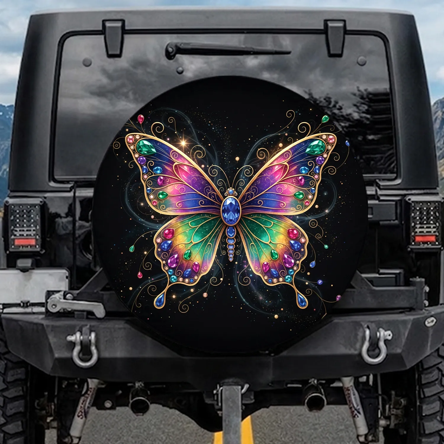 Ornate Iridescent Butterfly Gemstone Gold Filigree - Vehicle Style Accent Gift Spare Tire Cover - 1
