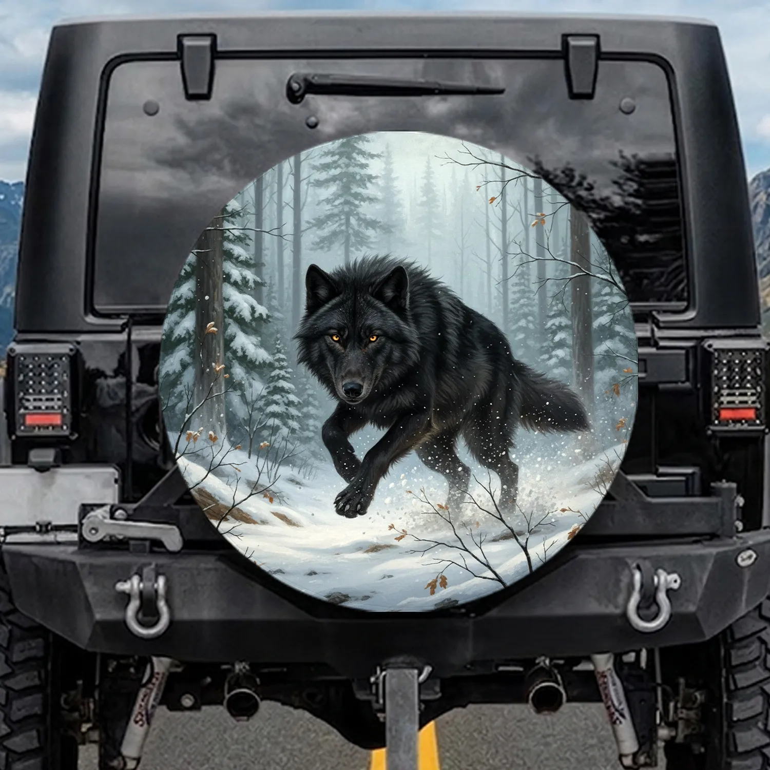 Majestic Black Wolf Golden Eyes Snow Covered Winter Forest - Wildlife Lover Gift Spare Tire Cover - 1