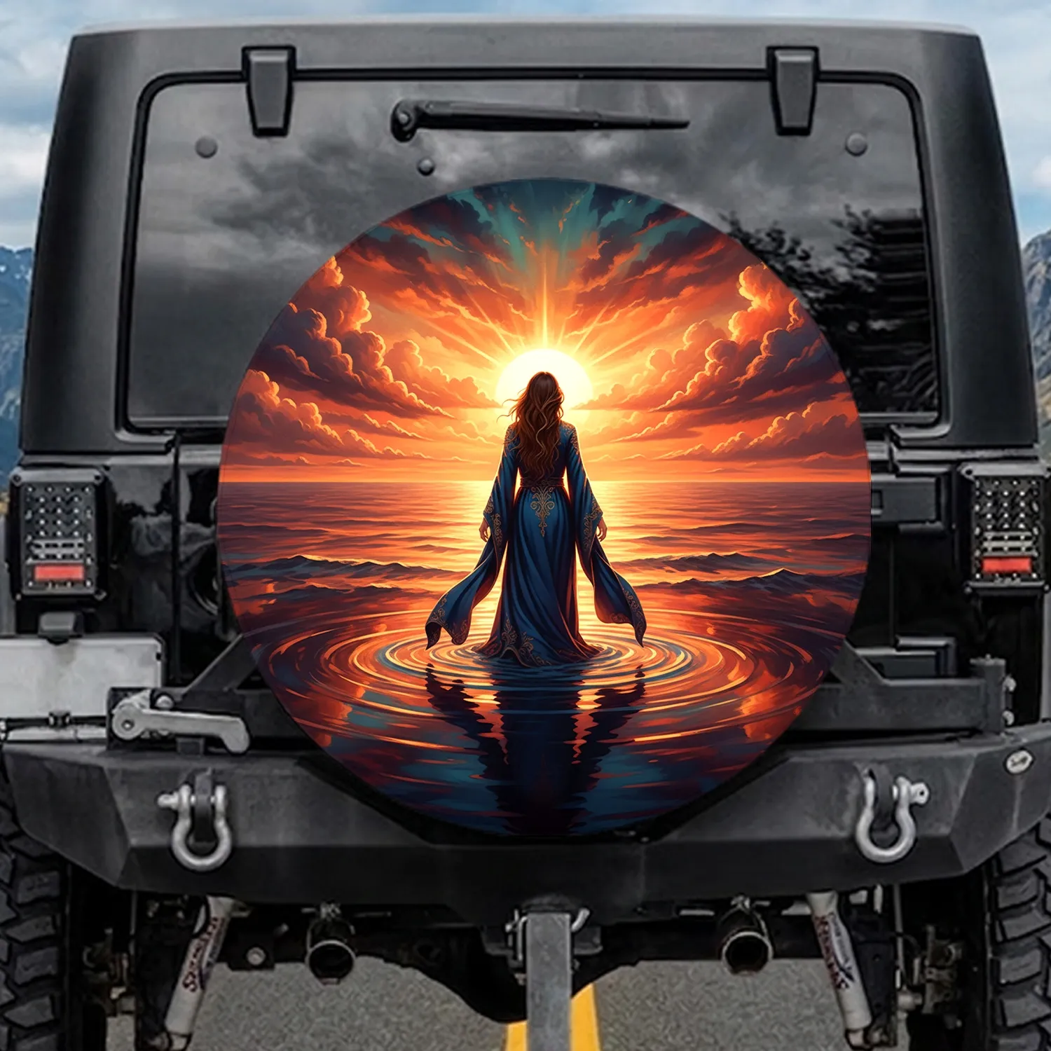 Majestic Figure Walking Water Luminous Sunset Dramatic Clouds - Inspirational Gift Spare Tire Cover - 1