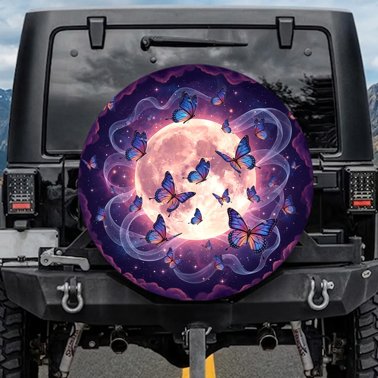 Fluttering Butterflies Luminous Moon Cosmic Nebula - Nature Lover Gift Spare Tire Cover - 1