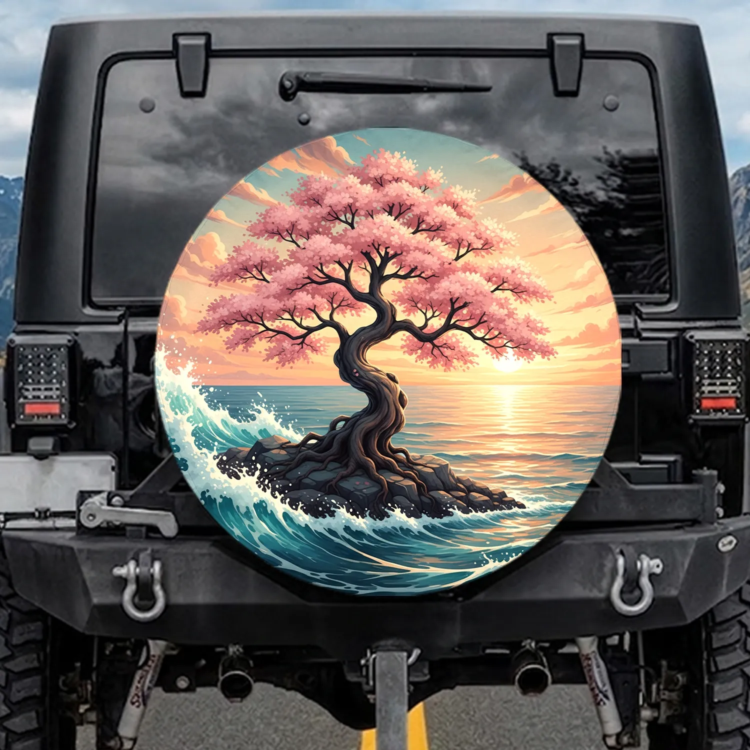 Cherry Blossom Tree Ocean Waves Sunset - Travel Essentials Gift for Nature Lover Spare Tire Cover - 1