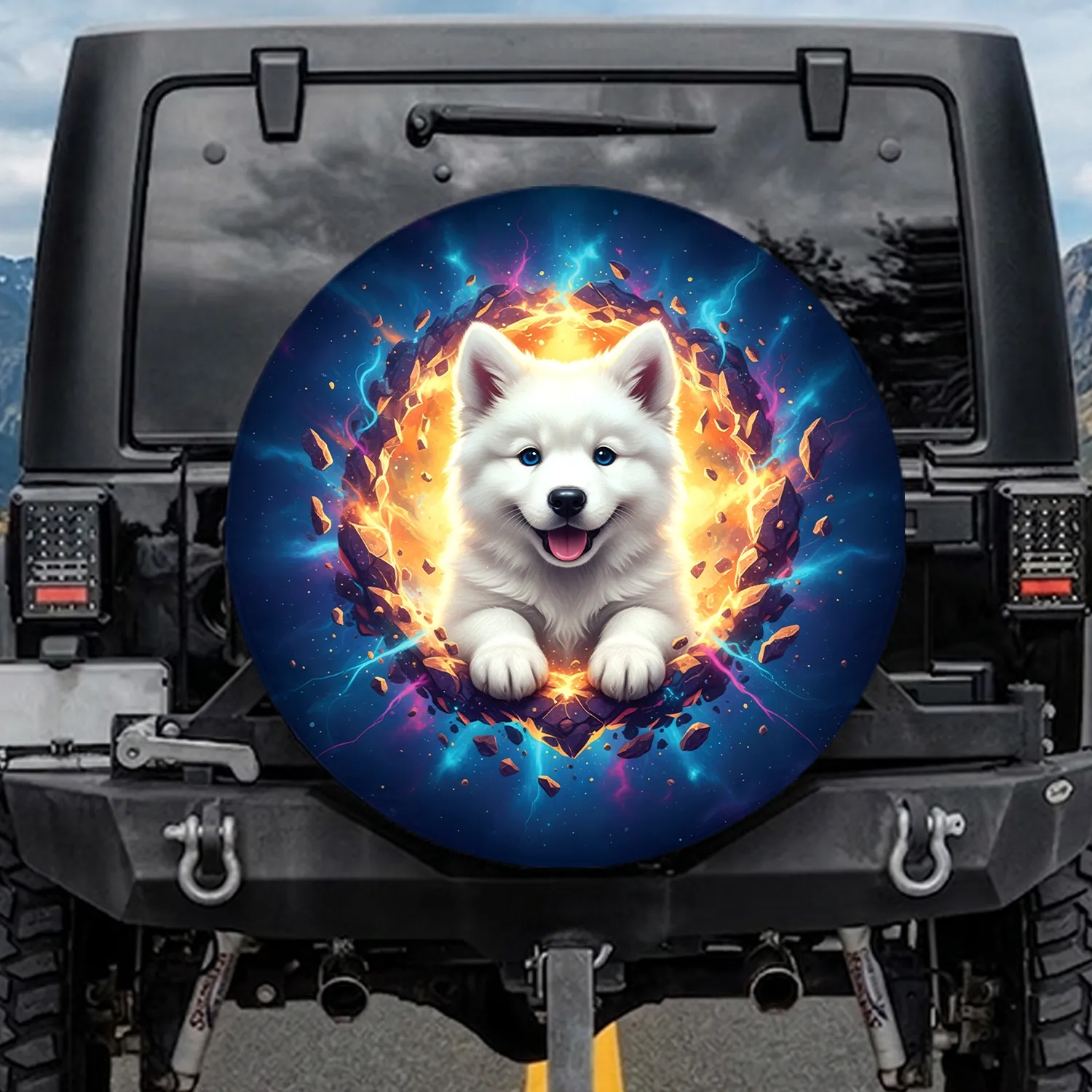 Joyful White Puppy Cosmic Nebula Fracture - Wildlife Lover Gift for Dog Owners Spare Tire Cover - 1