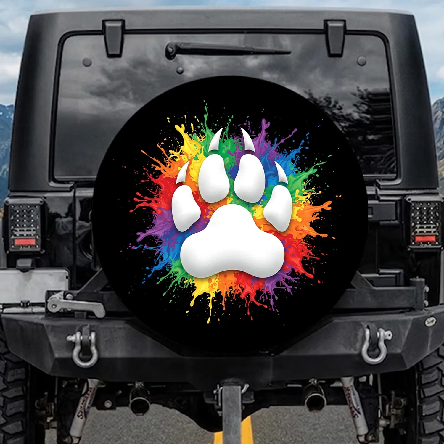 White Bear Paw Print Rainbow Splatter - Wildlife Lover Gift for Bear Enthusiast Spare Tire Cover - 1