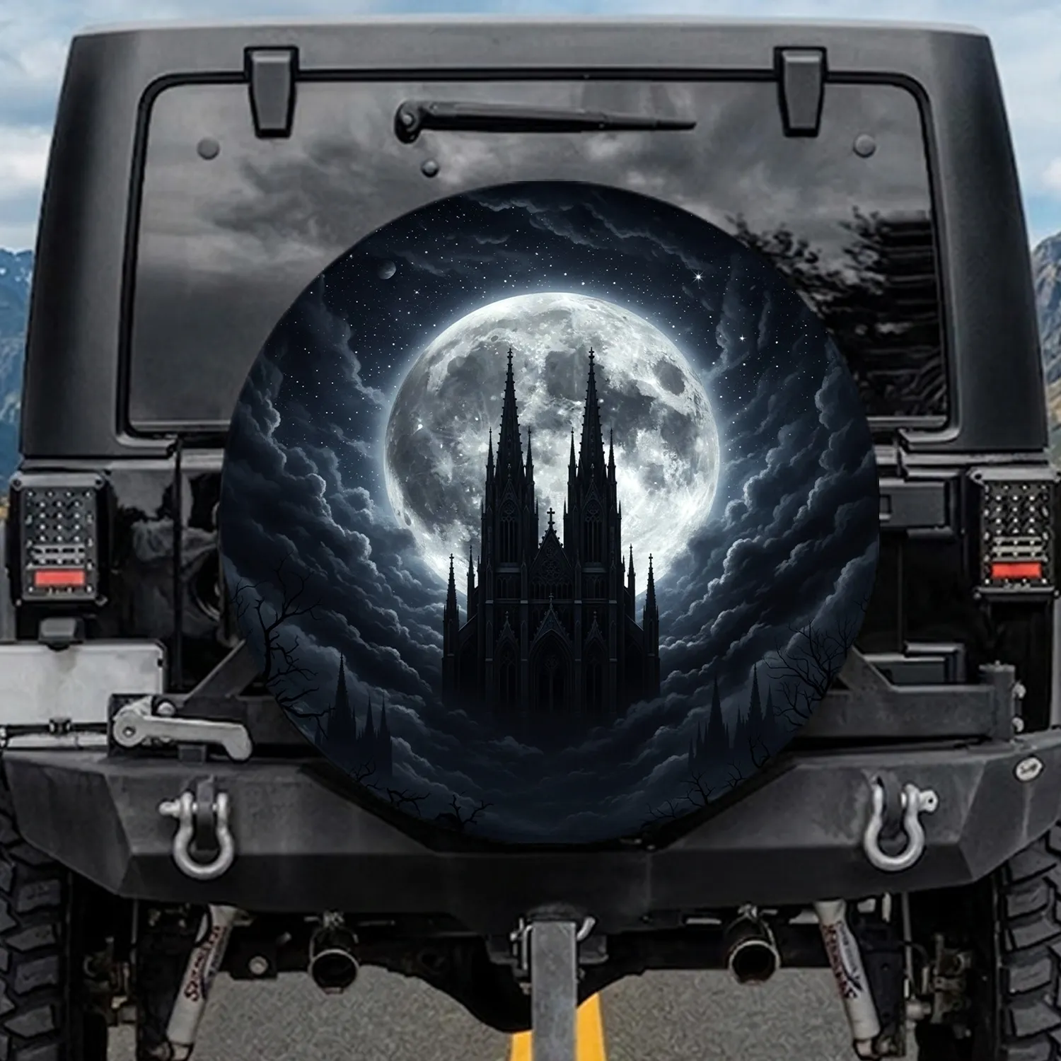 Gothic Cathedral Spire Full Moon Celestial Clouds - Gothic Fantasy Lover Gift Spare Tire Cover - 1