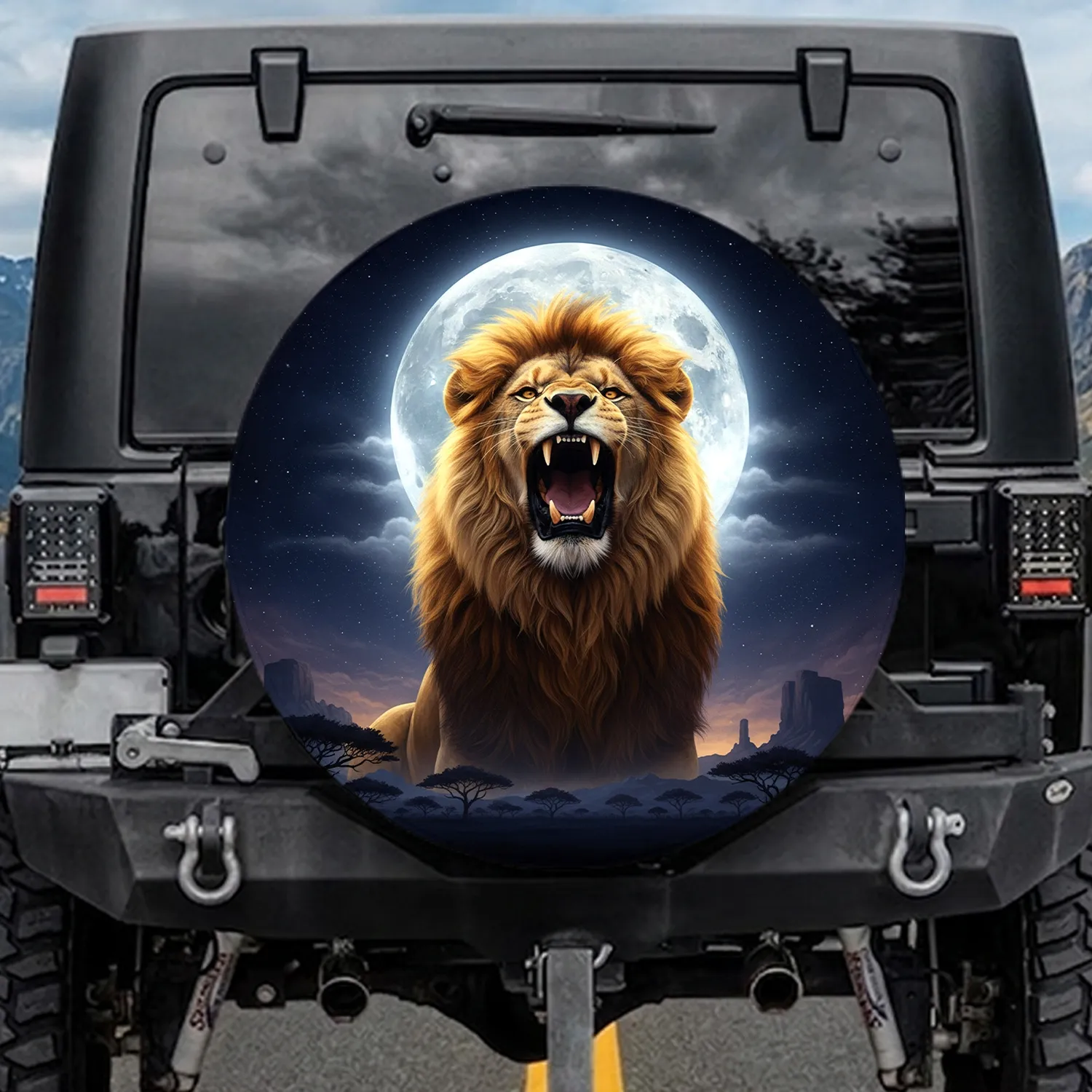 Majestic Roaring Lion Full Moon Savanna - Wildlife Lover Gift Spare Tire Cover - 1