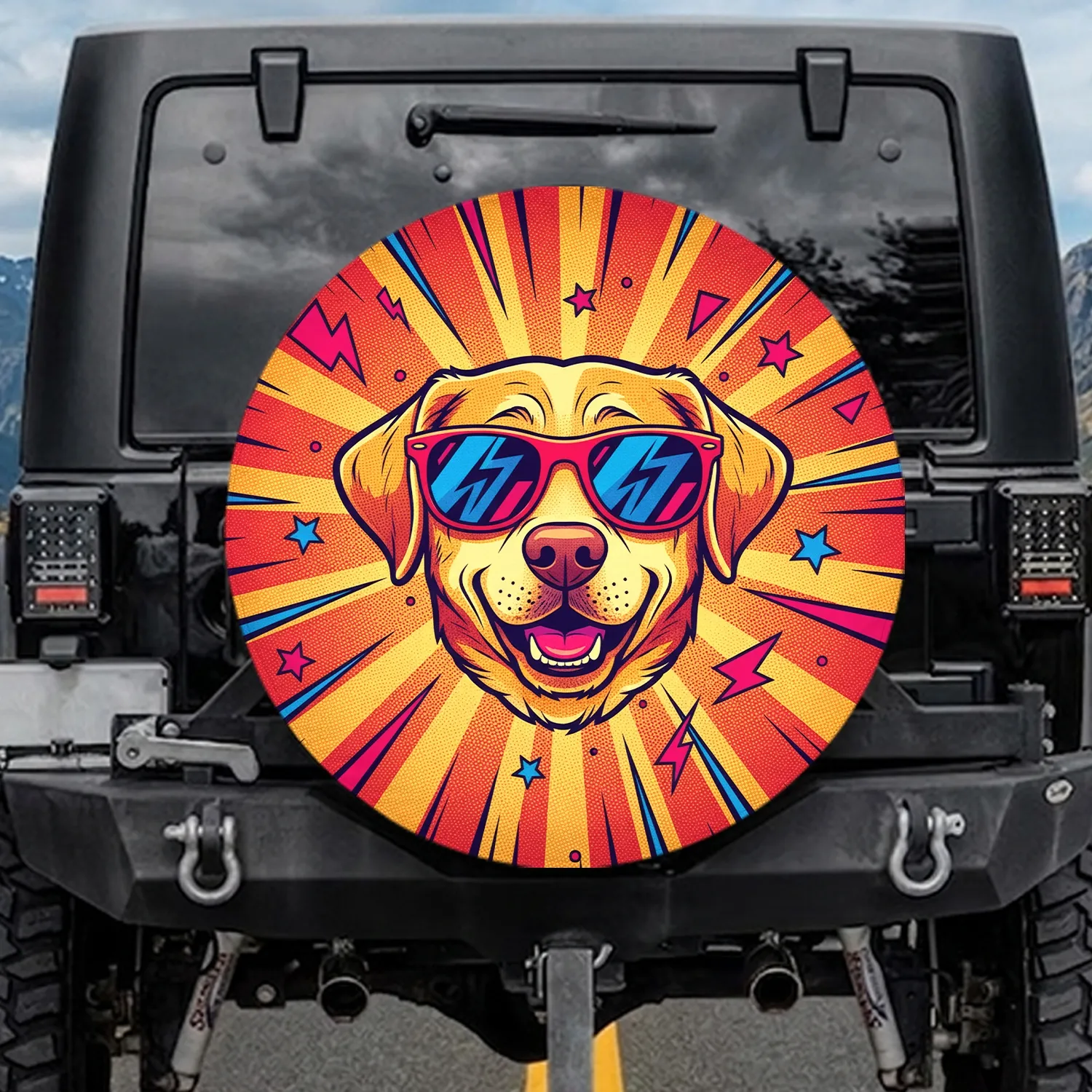 Labrador Retriever Sunglasses Radial Sunburst - Dog Lover Outdoor Auto Gift Spare Tire Cover - 1