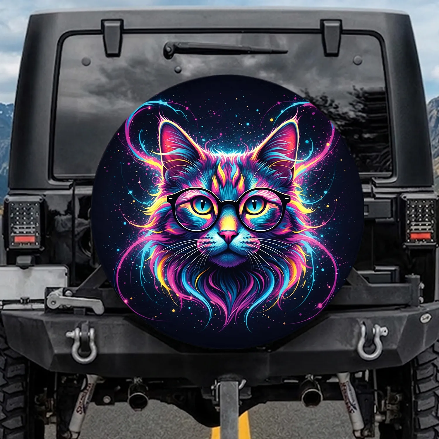 Cosmic Cat Head Black Glasses Energy Bursts - Everyday Use for Cat Lovers Spare Tire Cover - 1