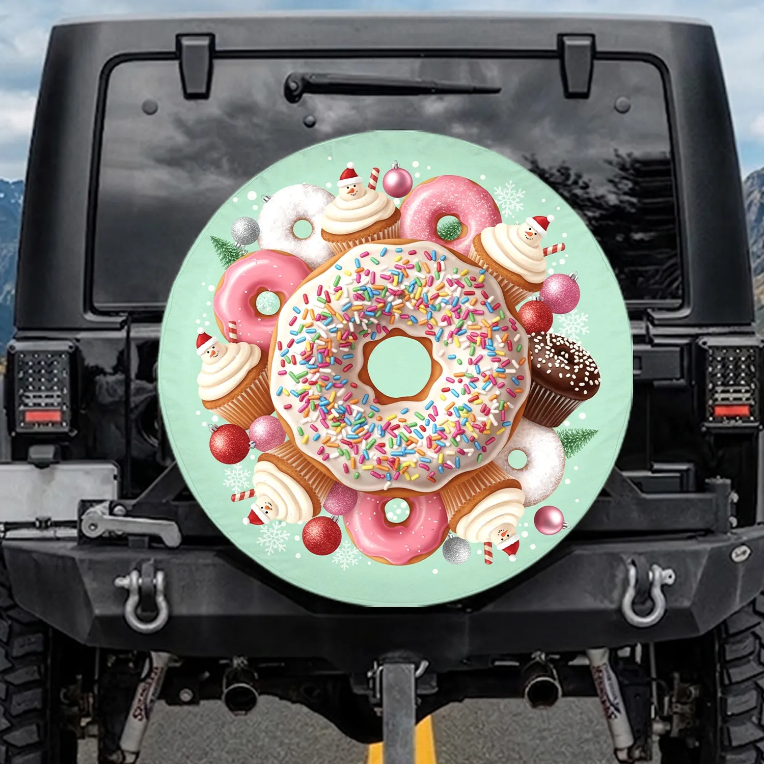 Sprinkle Glazed Donut Holiday Treats Cupcakes Snowflakes - Christmas Holiday Gift for Donut Lover Spare Tire Cover - 1