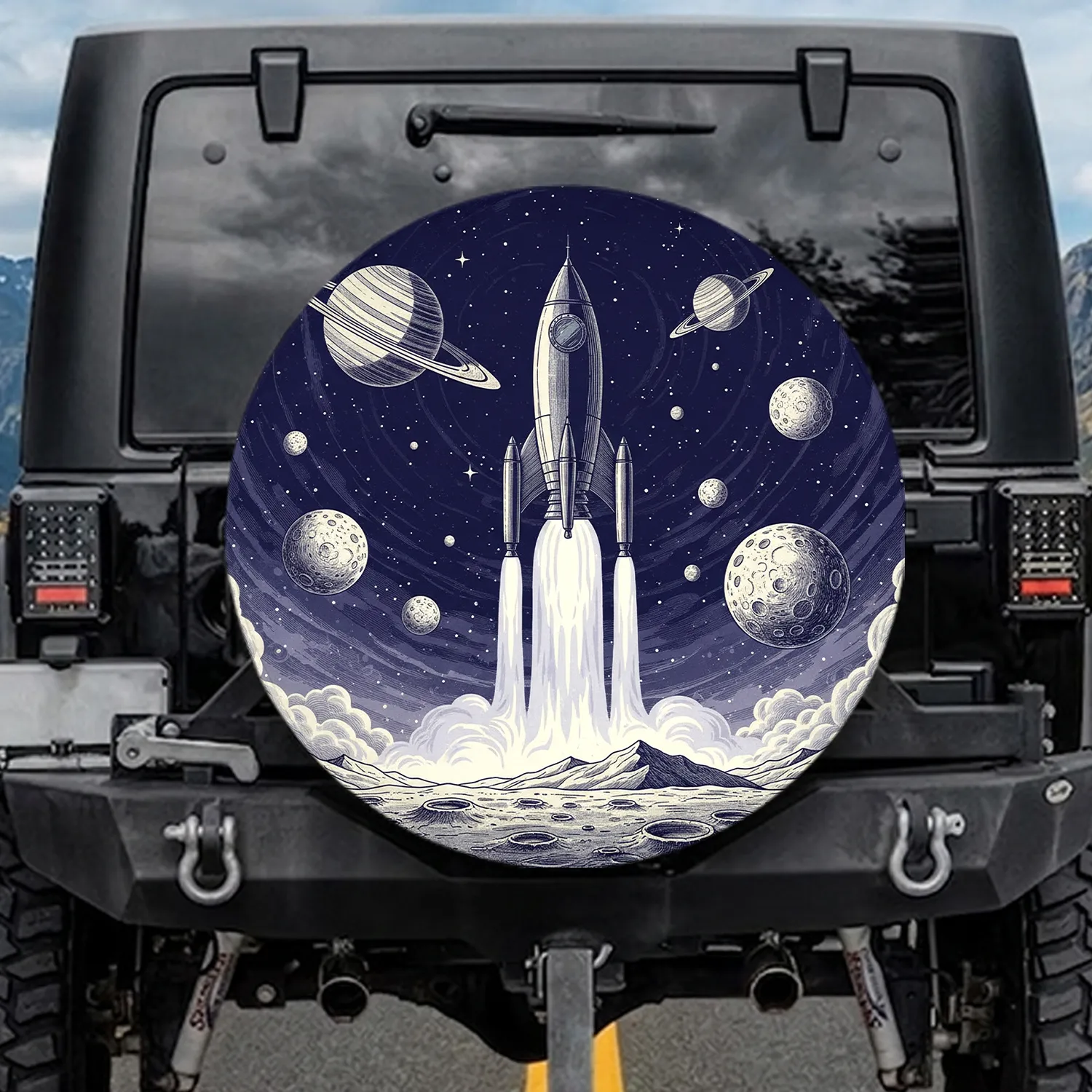 Rocket Ship Planets Moon Celestial - Outer Space Adventure Gift Spare Tire Cover - 1