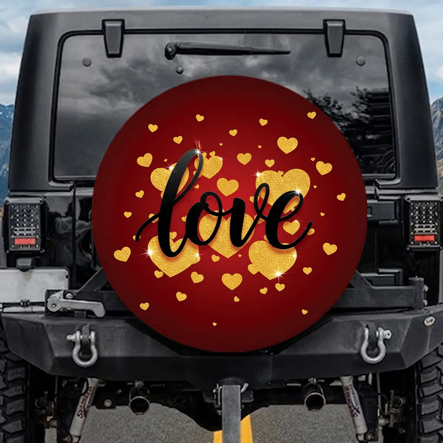 Deep Crimson Red Flowing Love Script Scattered Hearts - Valentine's Day Car Accessory Gift Spare Tire Cover - 1