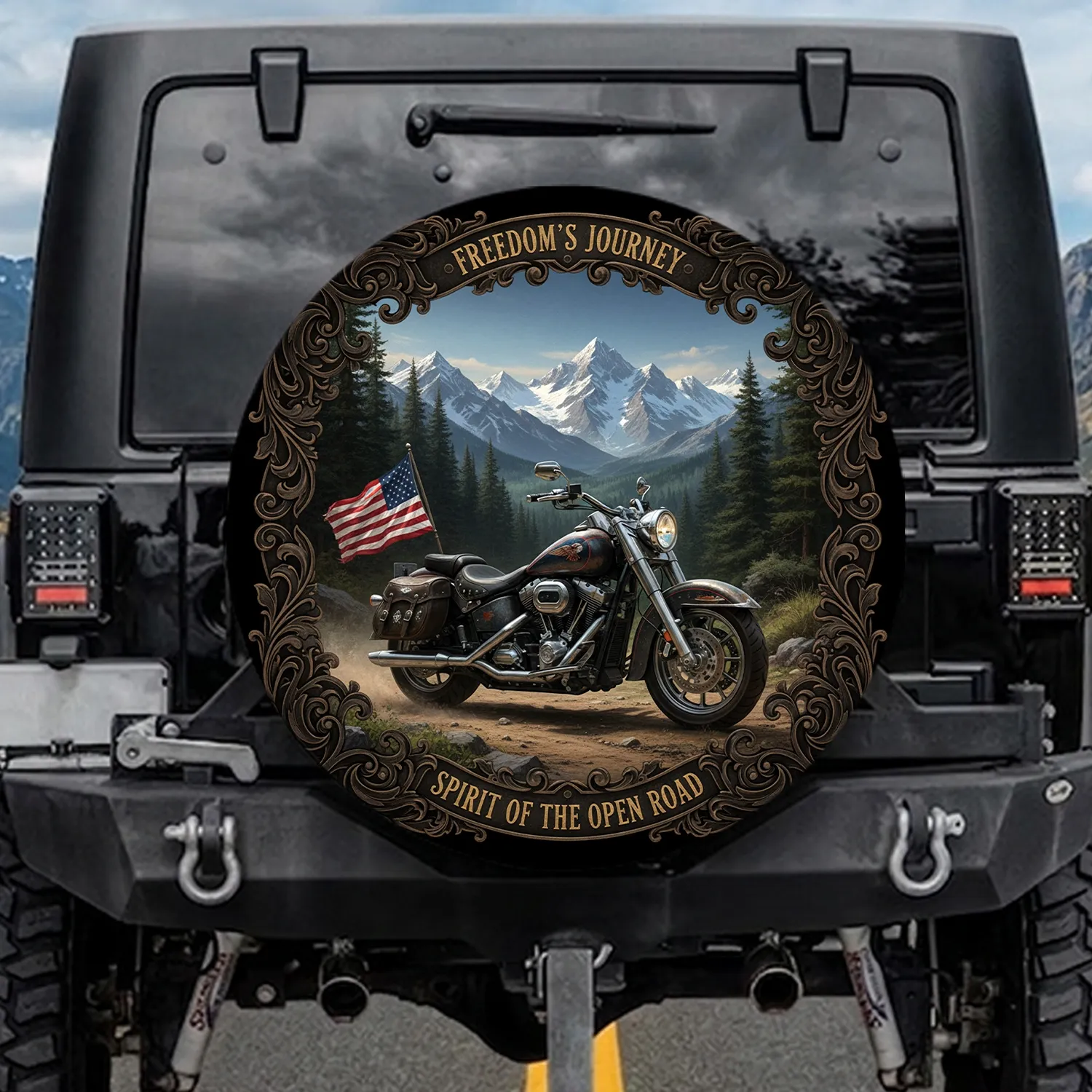 Cruiser Motorcycle American Flag Mountains - Patriotic Adventure Gift for Veterans Spare Tire Cover - 1