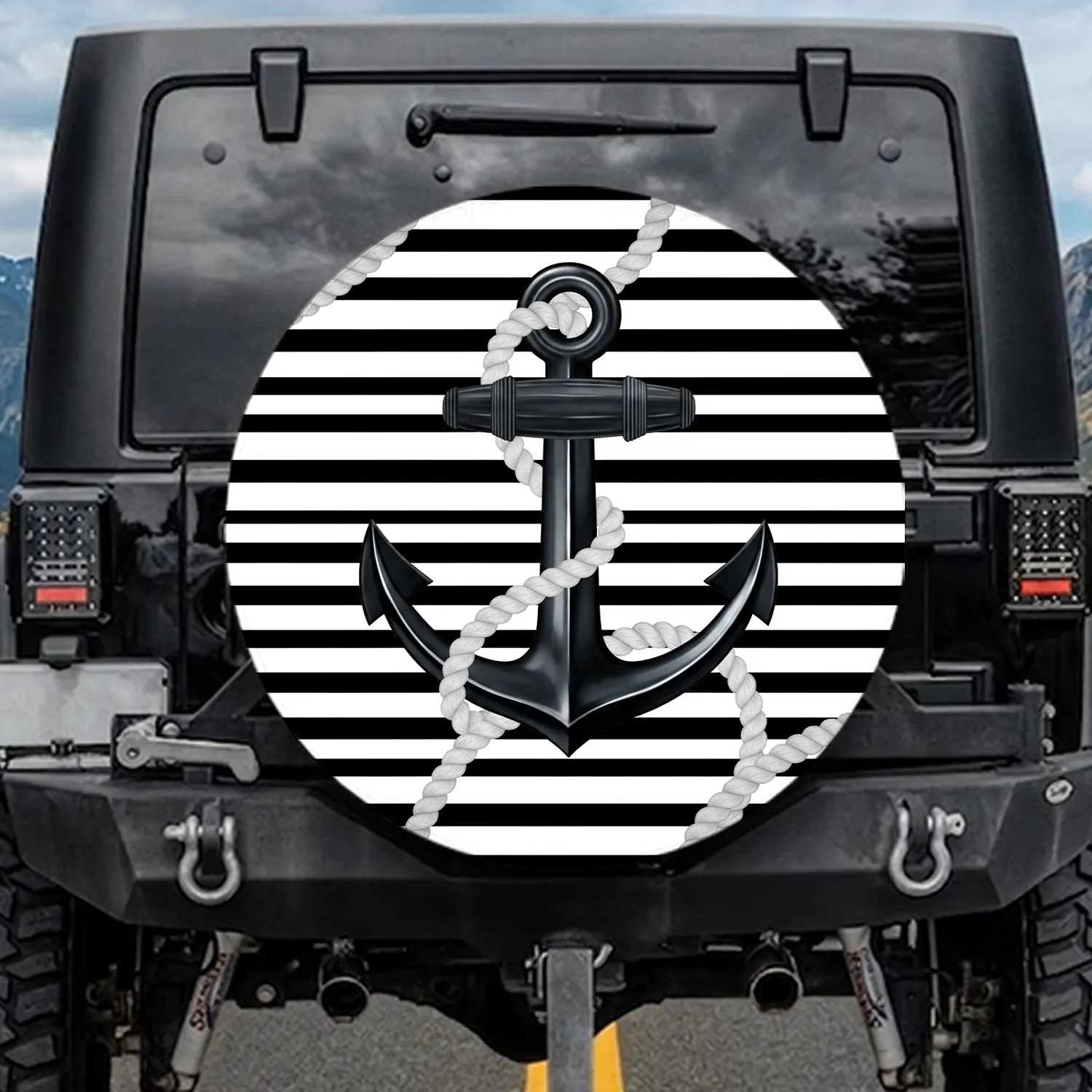 Black Anchor Nautical Rope Stripes - Outdoor Adventure Gift for Sailors Spare Tire Cover - 1