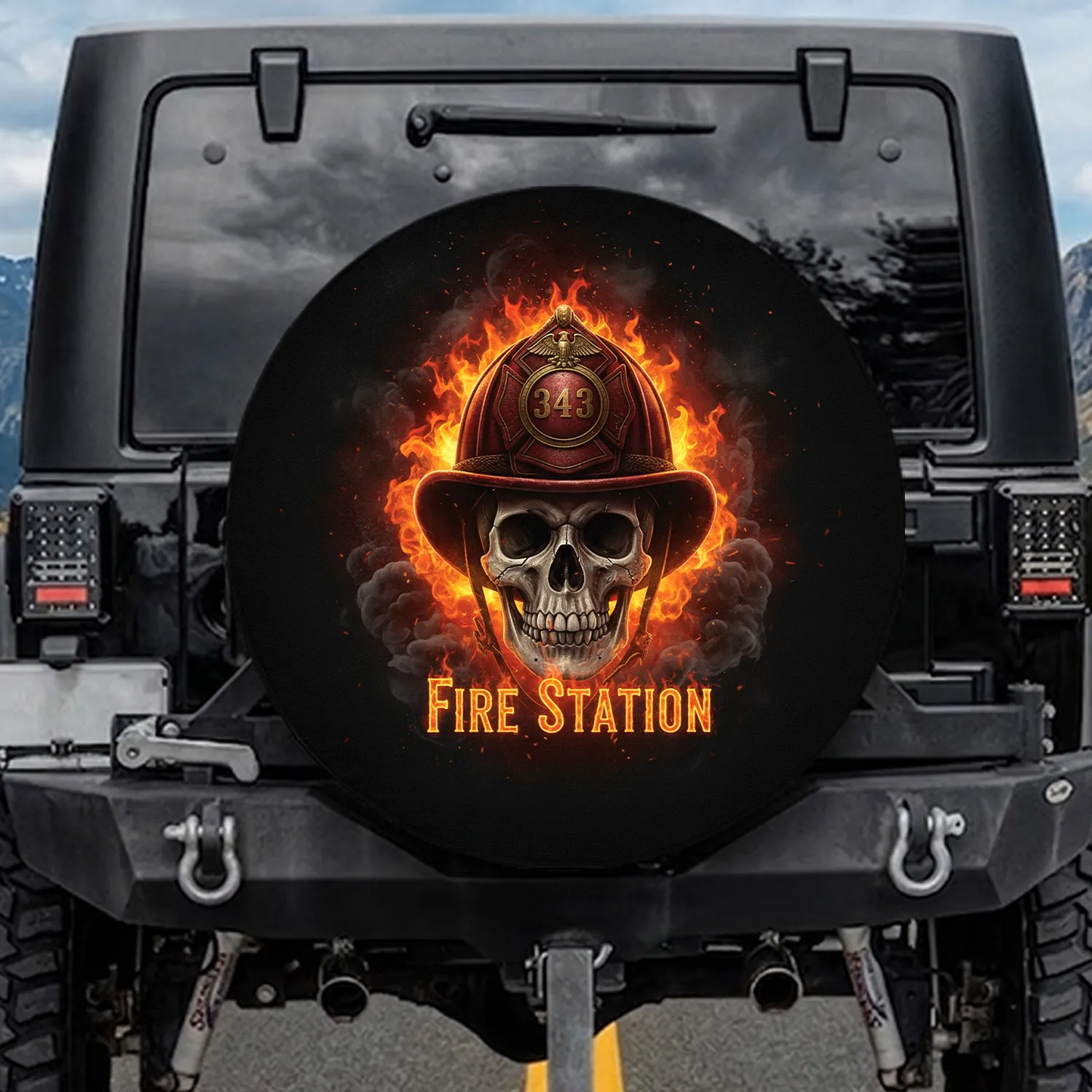 Flaming Skull Firefighter Helmet - First Responder Appreciation Gift for Fire Station Crew Members Spare Tire Cover - 1