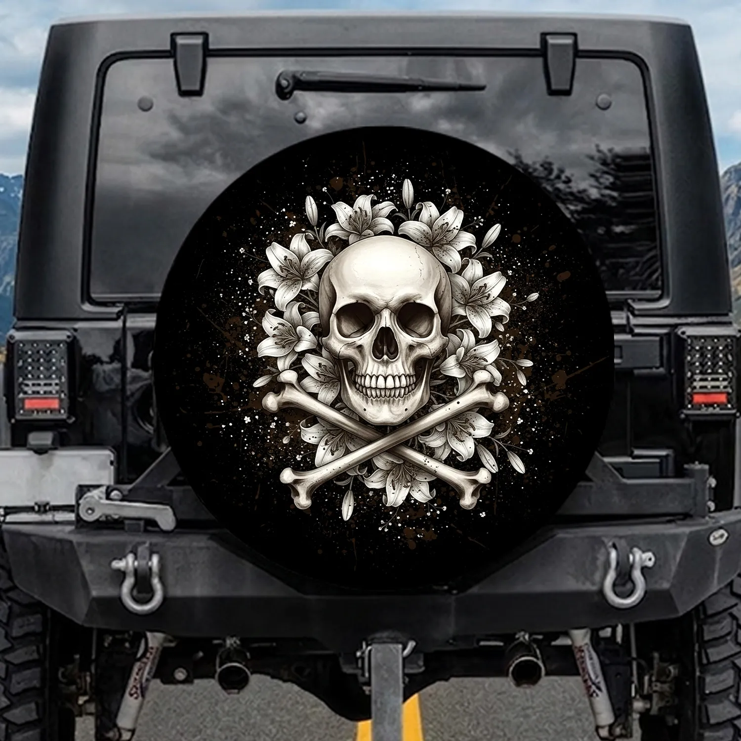 Gritty Weathered Realistic Anatomical Skull Bones White Silver Lilies - Home Decor Gift Spare Tire Cover - 1