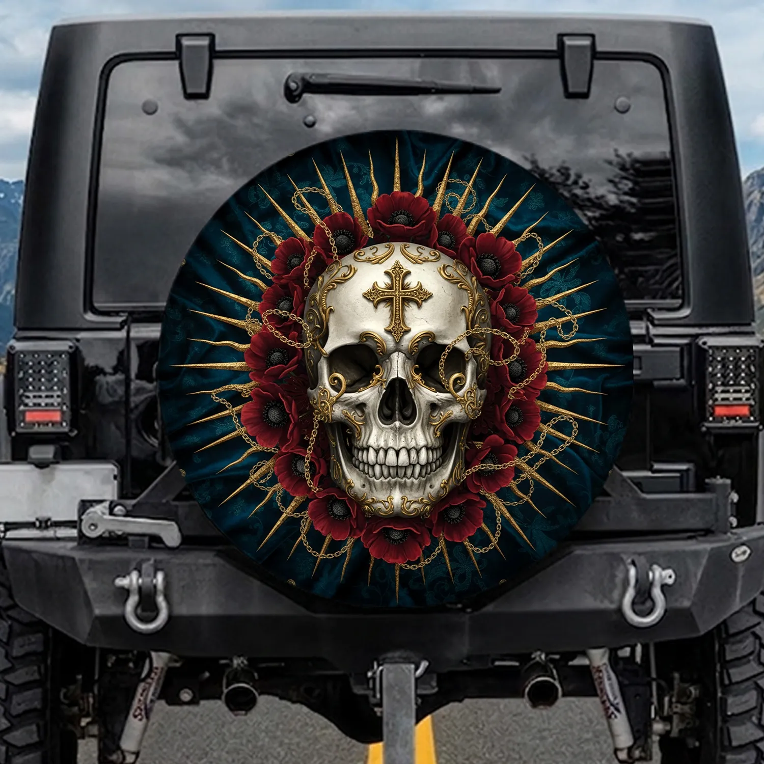 Skull Gold Cross Poppy Sunburst - Vehicle Decor Gift Spare Tire Cover - 1
