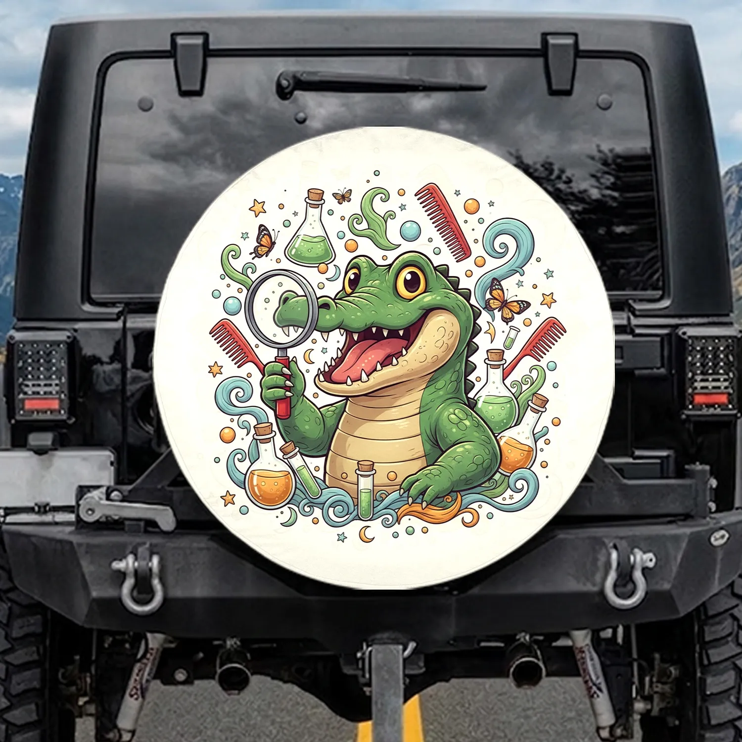 Green Alligator Magnifying Glass Lab Beakers Butterflies Moons Stars - Science Lover Gift Spare Tire Cover - 1