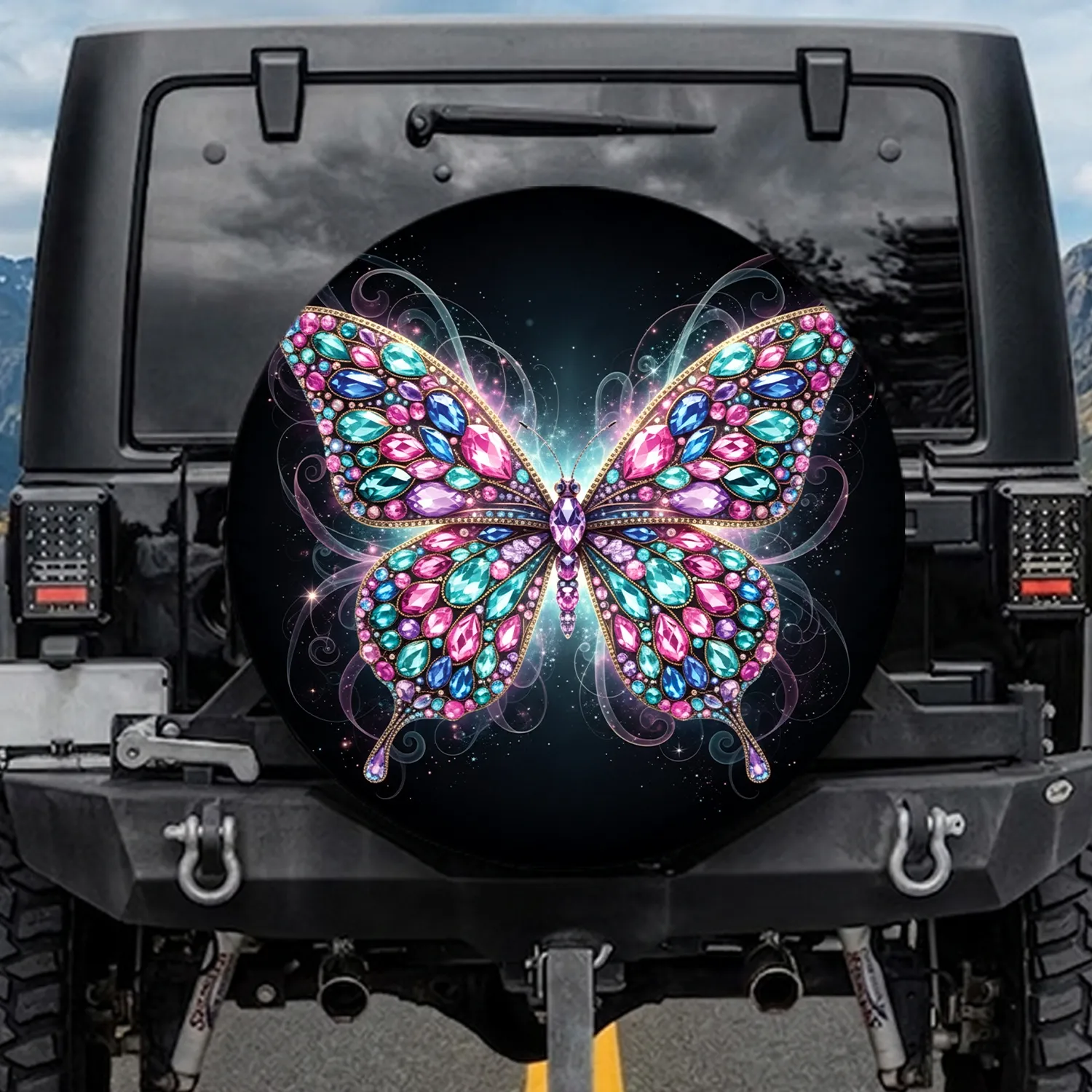Black Gemstone Jewel Butterfly Metallic Filigree Light Swirls Travel Essentials Spare Tire Cover - 1