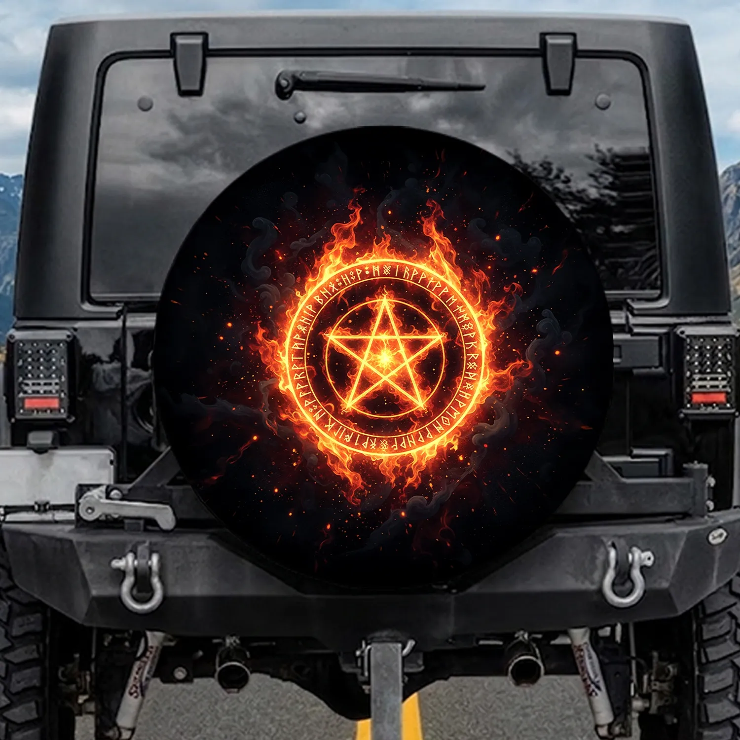 Ancient Pentagram Arcane Script Swirling Flames Smoke Embers Cosmic Void - Home Decor Gift Spare Tire Cover - 1