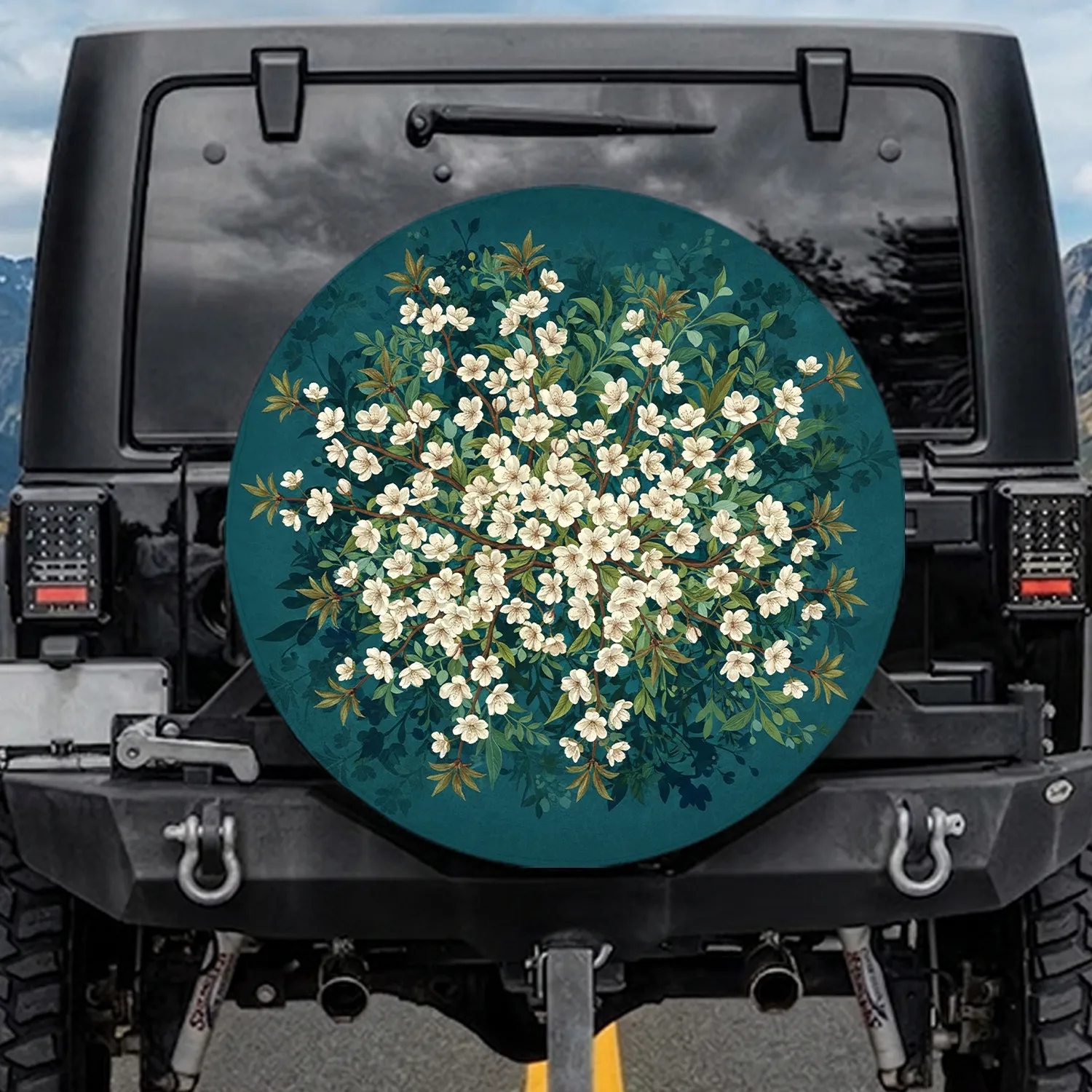 Cherry Blossom Branches Cream Flowers Pale Green Leaves Deep Teal Botanical - Nature Lover Gift Spare Tire Cover - 1