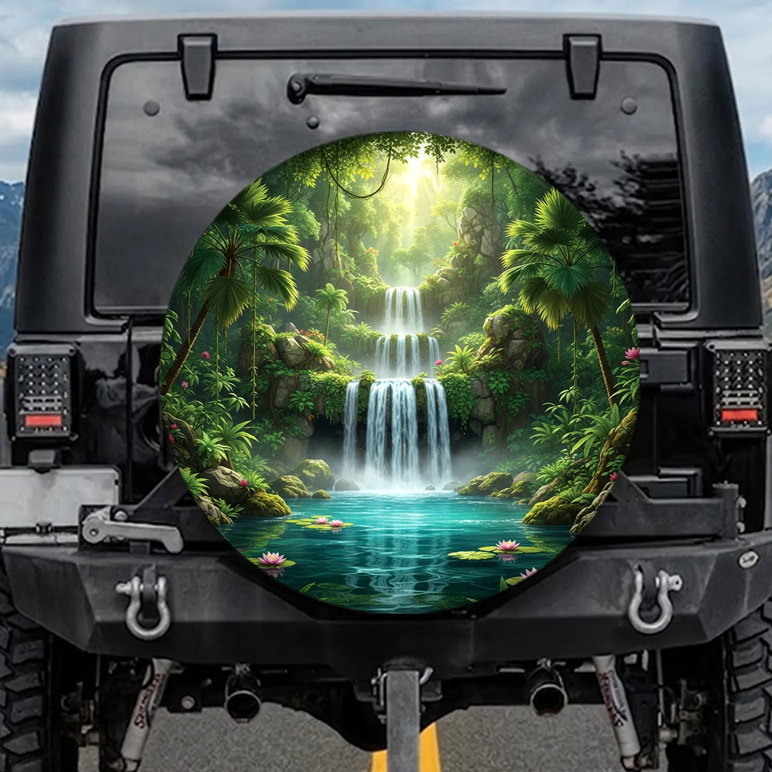 Tropical Jungle Waterfall Lush Foliage - Outdoor Adventure Gift for Nature Lover Spare Tire Cover - 1