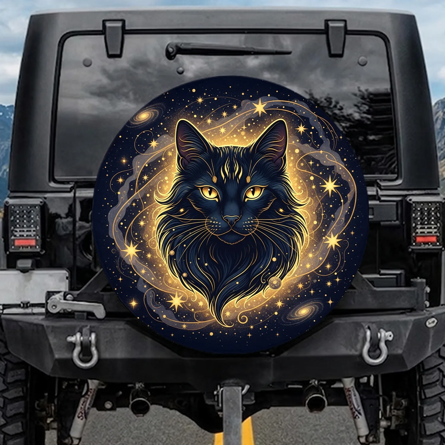 Black Cat Galaxies Night Sky - Cat Lover Home Decor Gift Spare Tire Cover - 1
