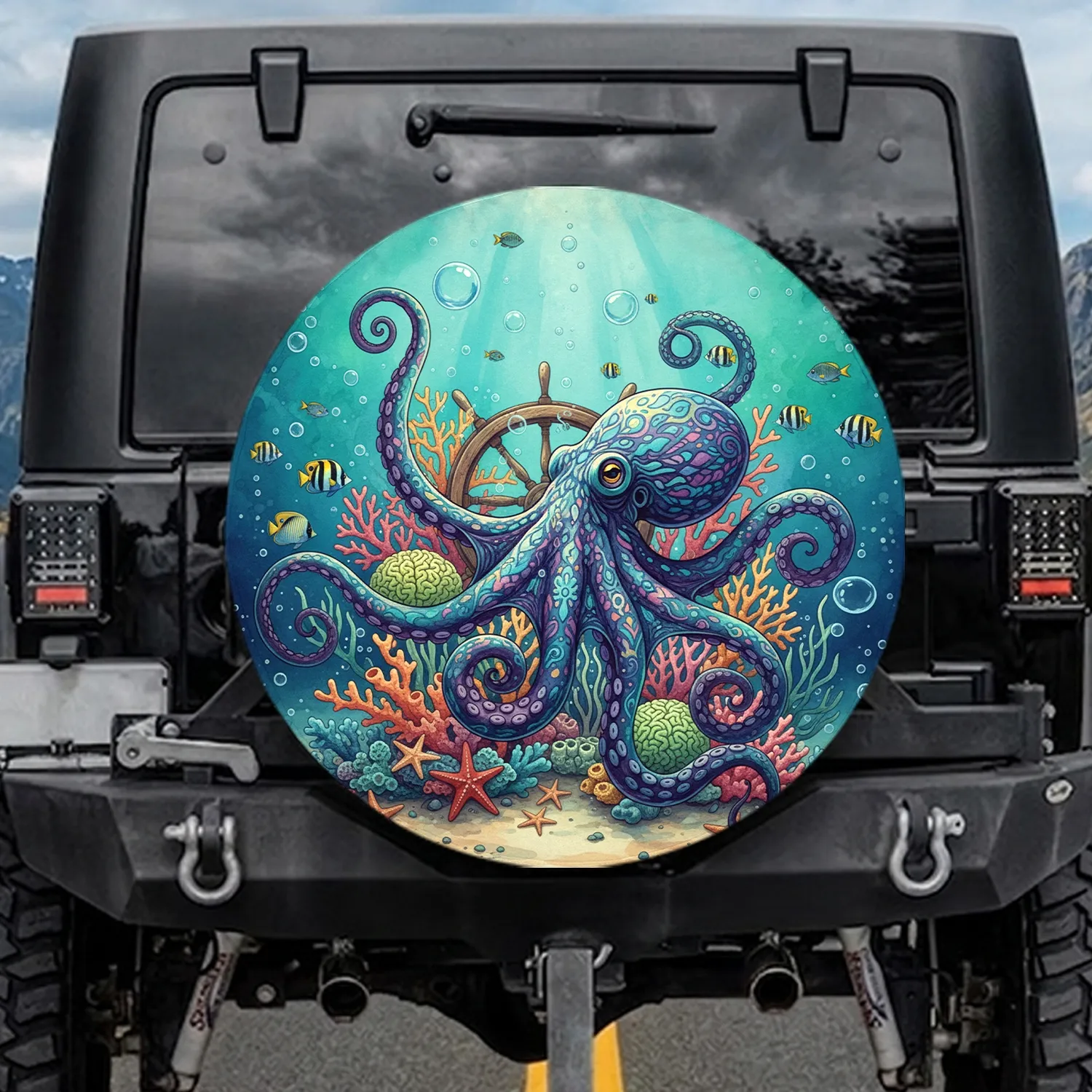 Intricately Patterned Octopus Ship Wheel Coral Starfish Seascape - Ocean Lover Gift Spare Tire Cover - 1