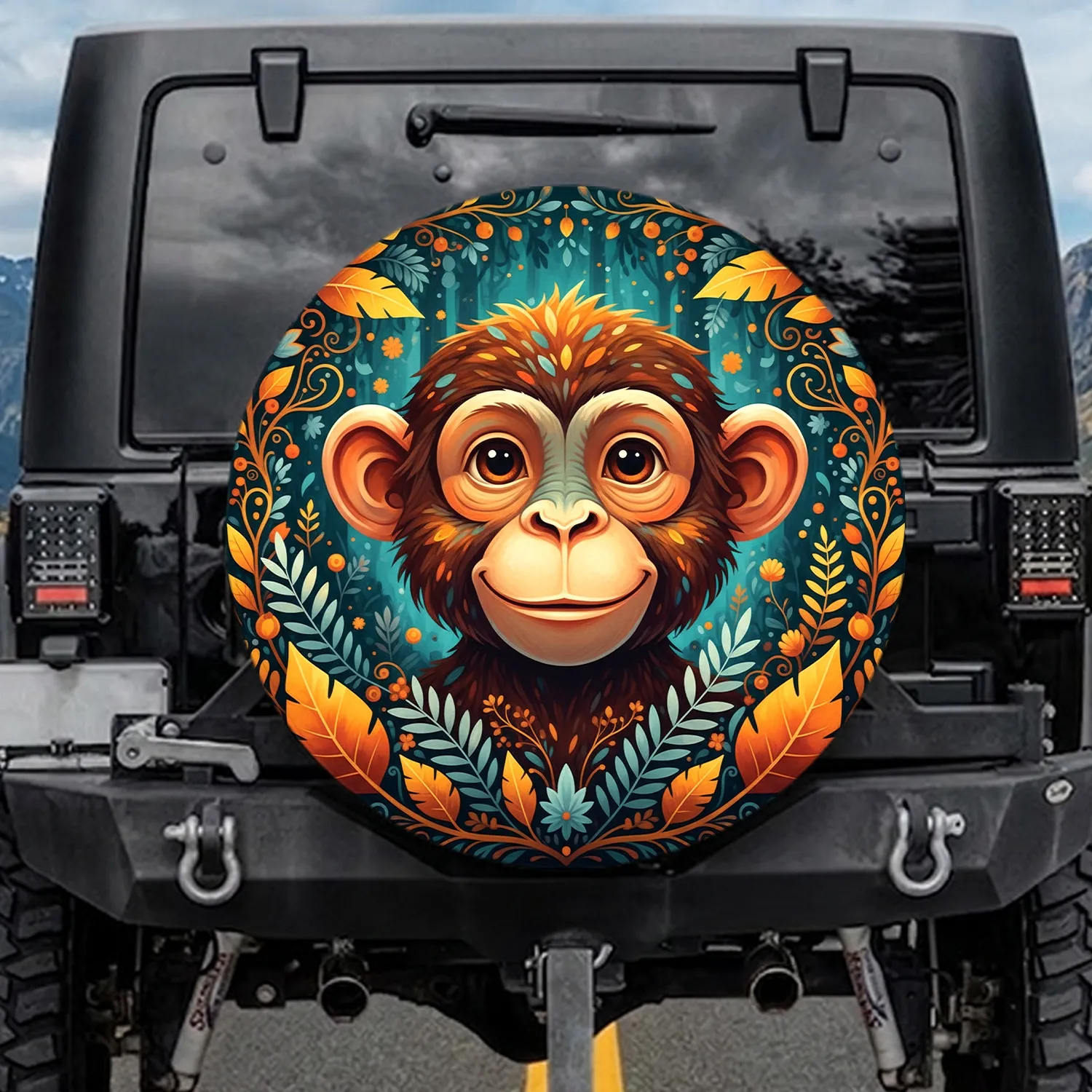 Monkey Face Broad Leaves Feathery Leaves Jungle Vines Berries - Wildlife Lover Gift Spare Tire Cover - 1