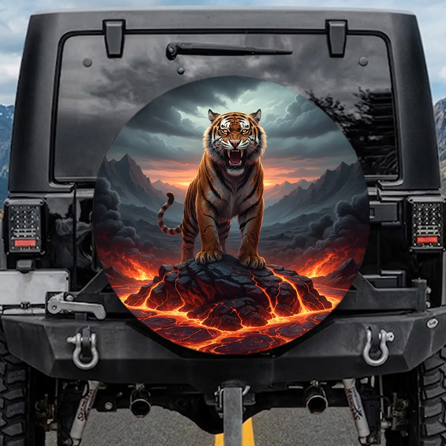 Roaring Tiger Volcanic Landscape - Wildlife Lover Gift Spare Tire Cover - 1