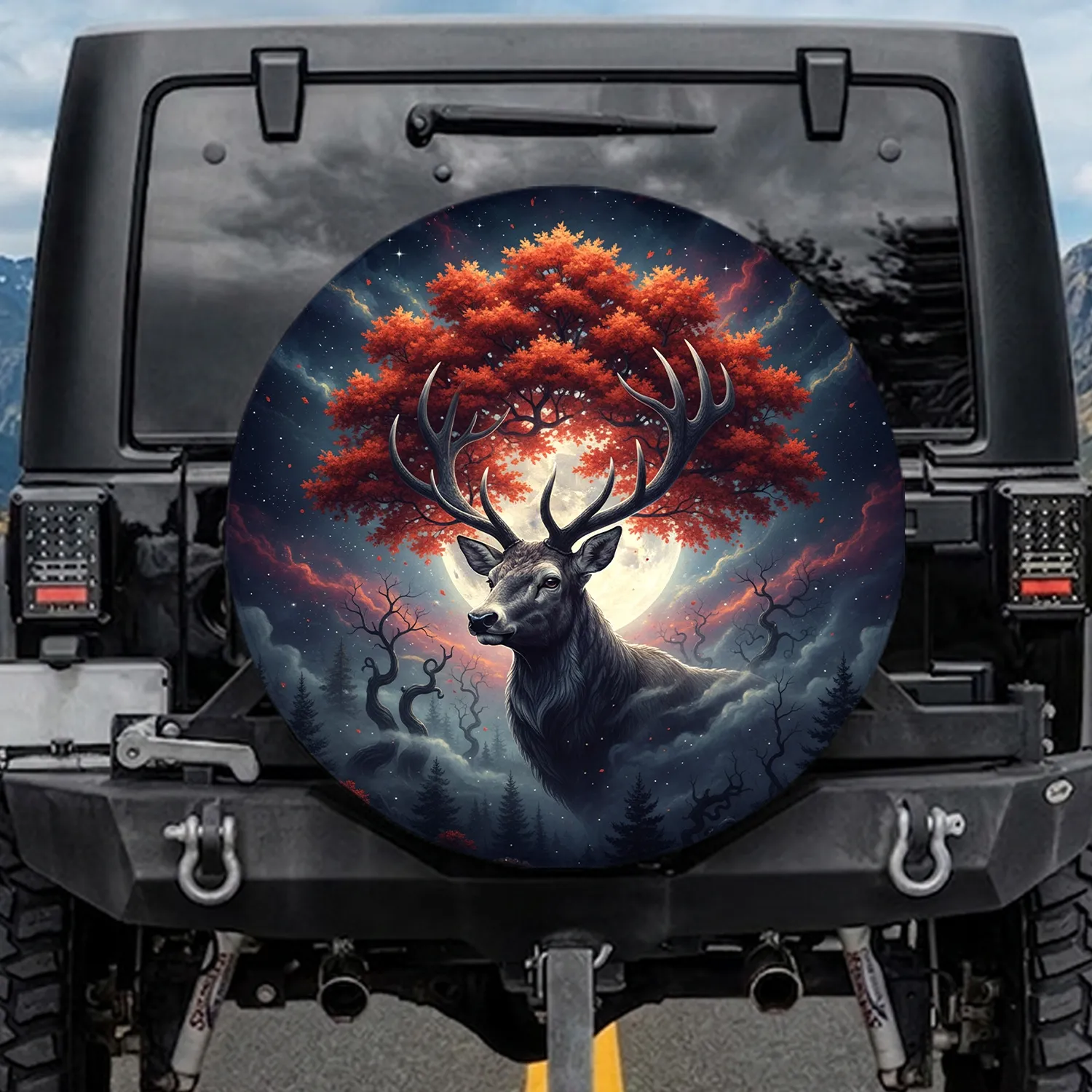 Stag Head Antlers Autumn Tree Celestial Night - Wildlife Lover Gift Spare Tire Cover - 1