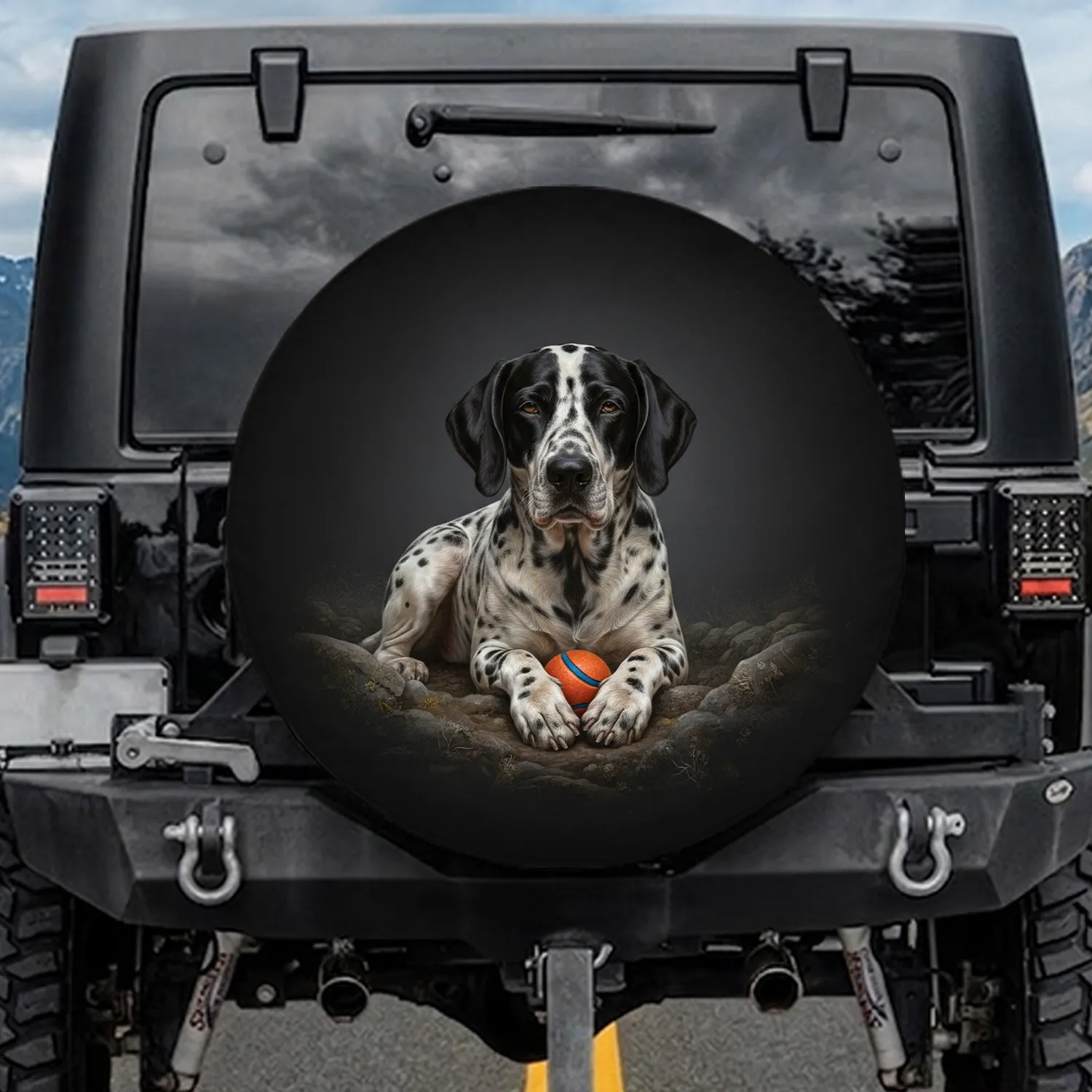 Dalmatian Pointer Mix Dog Resting Orange Toy Ball - Dog Lover Gift Spare Tire Cover - 1