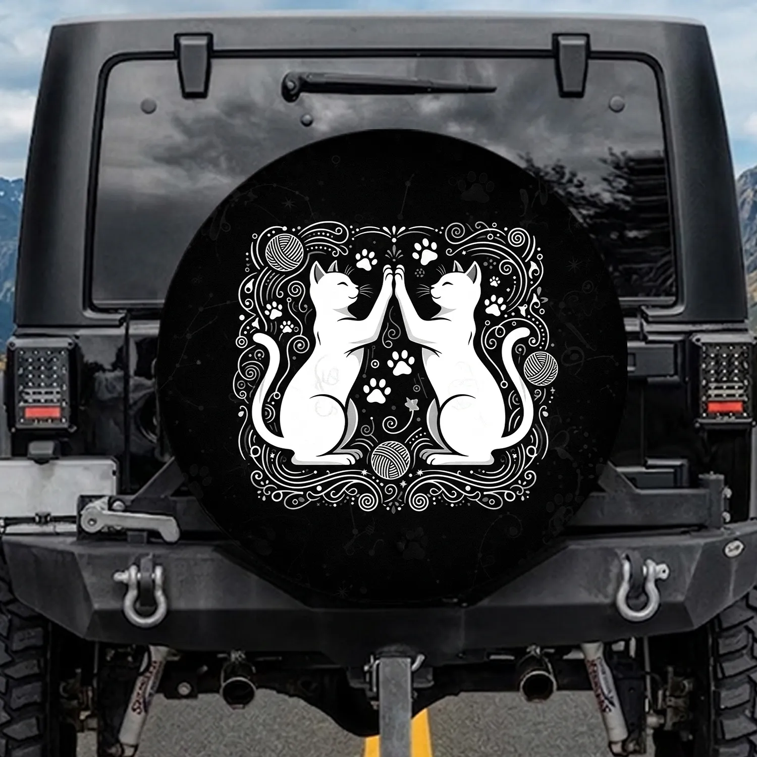 High-Fiving White Silhouette Outline Cats Paw Prints Yarn Balls - Cat Lover Home Decor Gift Spare Tire Cover - 1