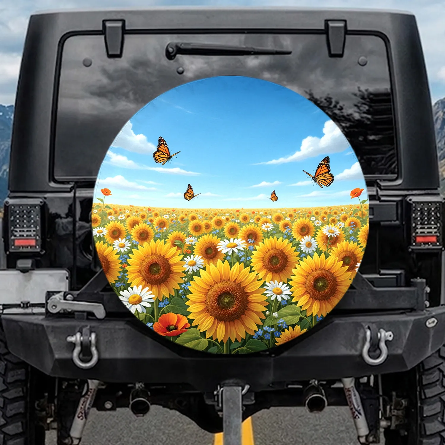 Blooming Sunflowers White Daisies Butterflies Blue Sky - Farmhouse Decor for Garden Lover Spare Tire Cover - 1