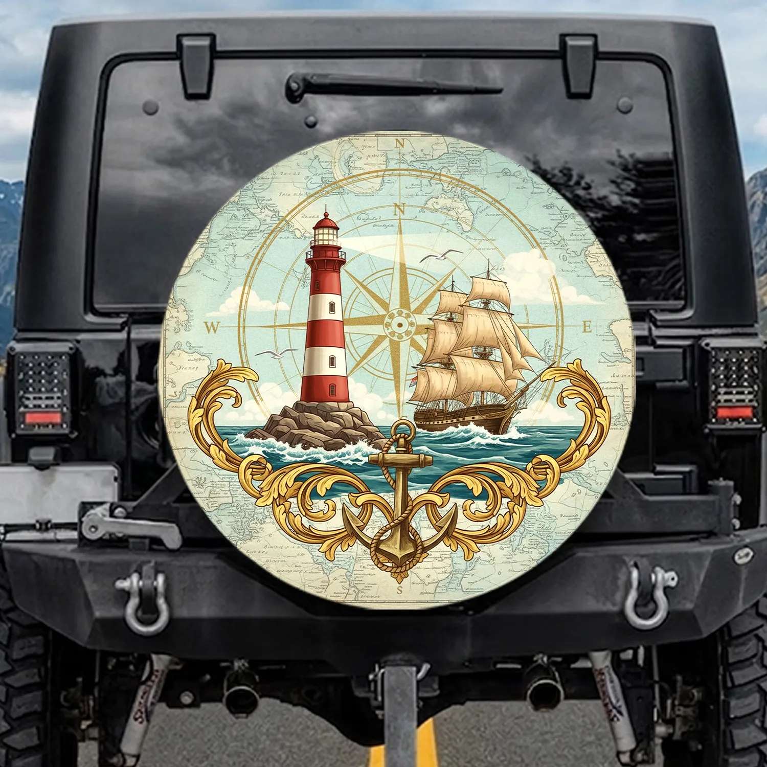 Vintage Maritime Compass Rose Tall Ship Lighthouse - Nautical Explorer Gift Spare Tire Cover - 1