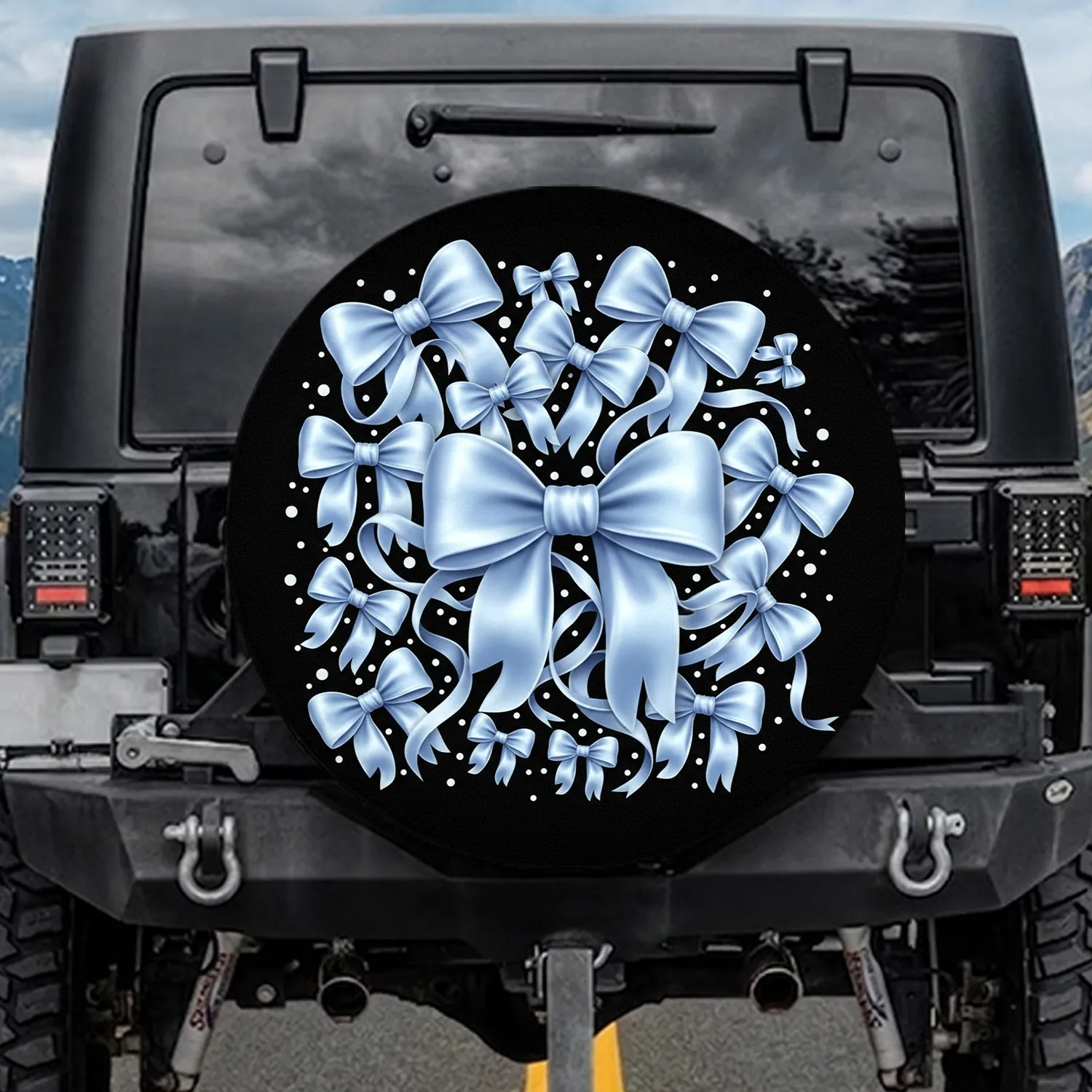 Light Blue Satin Bows Classic Loops White Polka Dots Black Background - Home Decor Gift Spare Tire Cover - 1