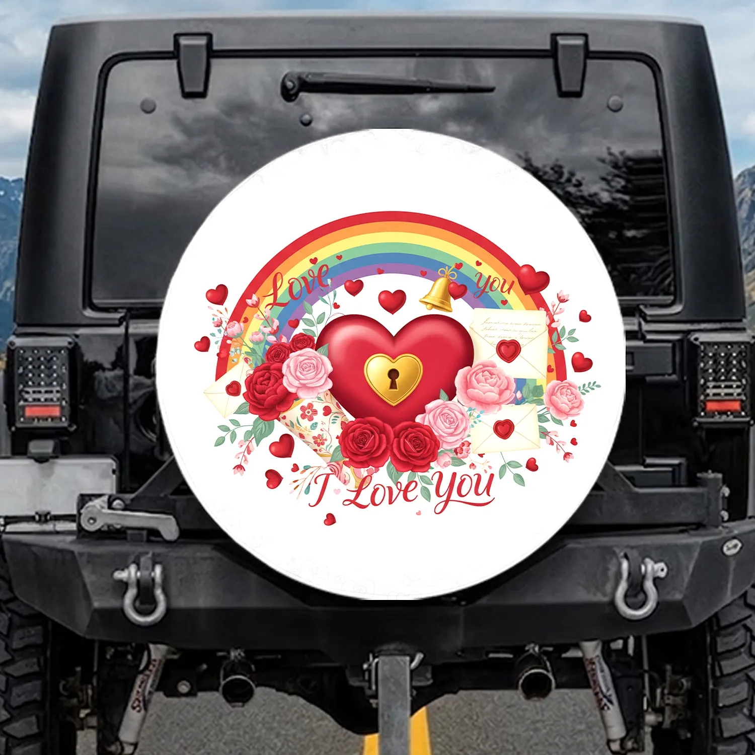 Rainbow Golden Heart Padlock Love Letters Floral - Valentine's Day Gift Spare Tire Cover - 1