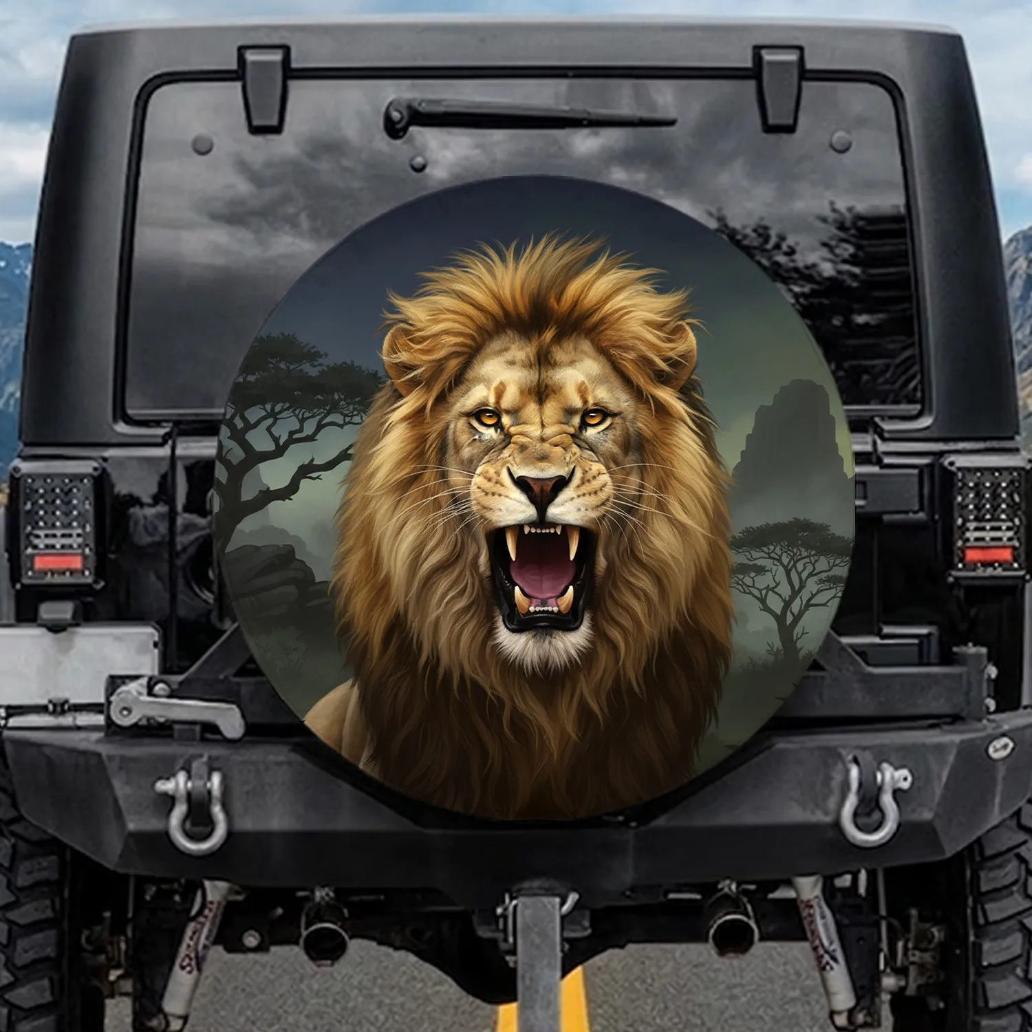 Realistic Lion Head Roaring Savanna Twilight Acacia - Wildlife Lover Gift Spare Tire Cover - 1
