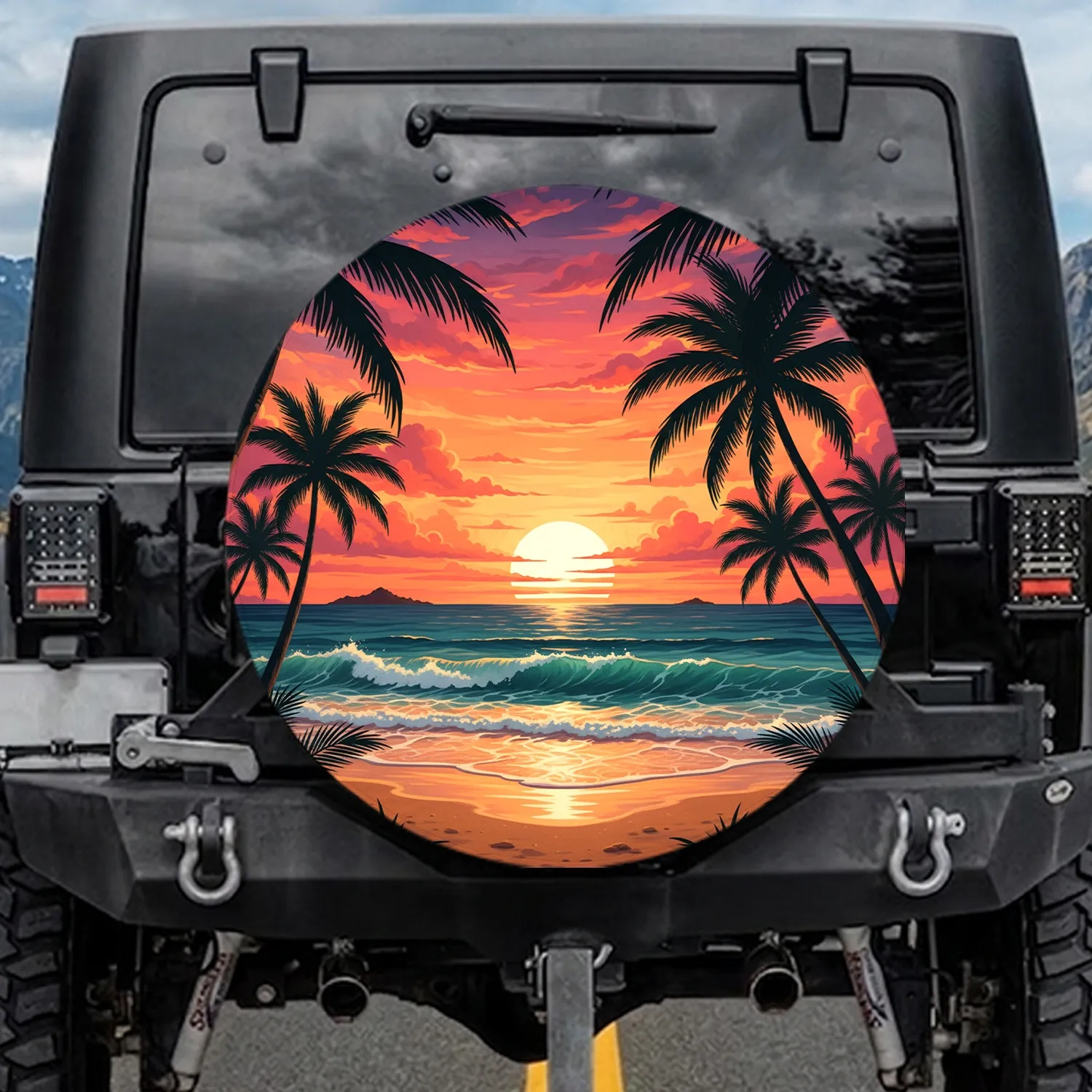 Tropical Beach Sunset Palm Trees Ocean Waves - Beach Life Gift for Beach Lover Spare Tire Cover - 1