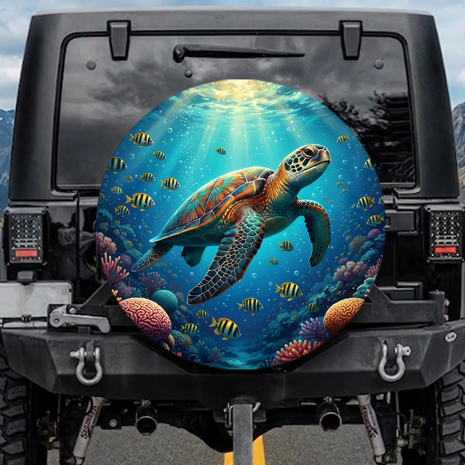 Sunlit Ocean Sea Turtle Striped Tropical Fish Coral Reef - Underwater Wildlife Gift Spare Tire Cover - 1