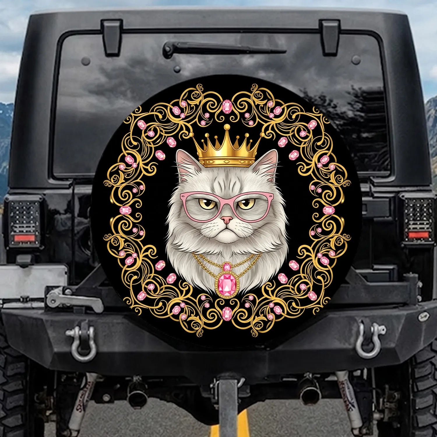 Regal Grumpy Cat Crown Glasses Necklace Gem Black Background - Cat Lover Home Decor Gift Spare Tire Cover - 1