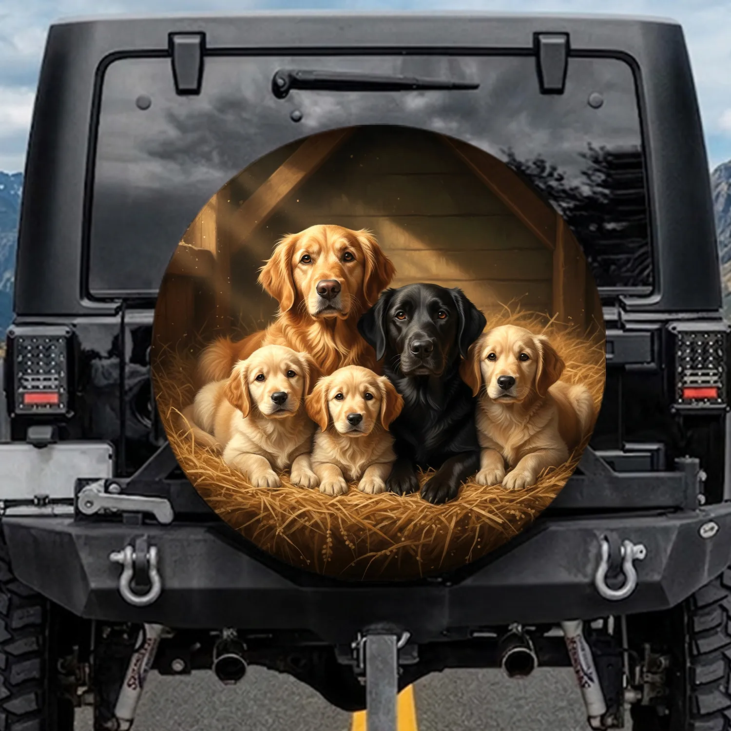 Friendly Golden Retriever Black Labrador Puppies Hay Den - Dog Lover Gift Spare Tire Cover - 1