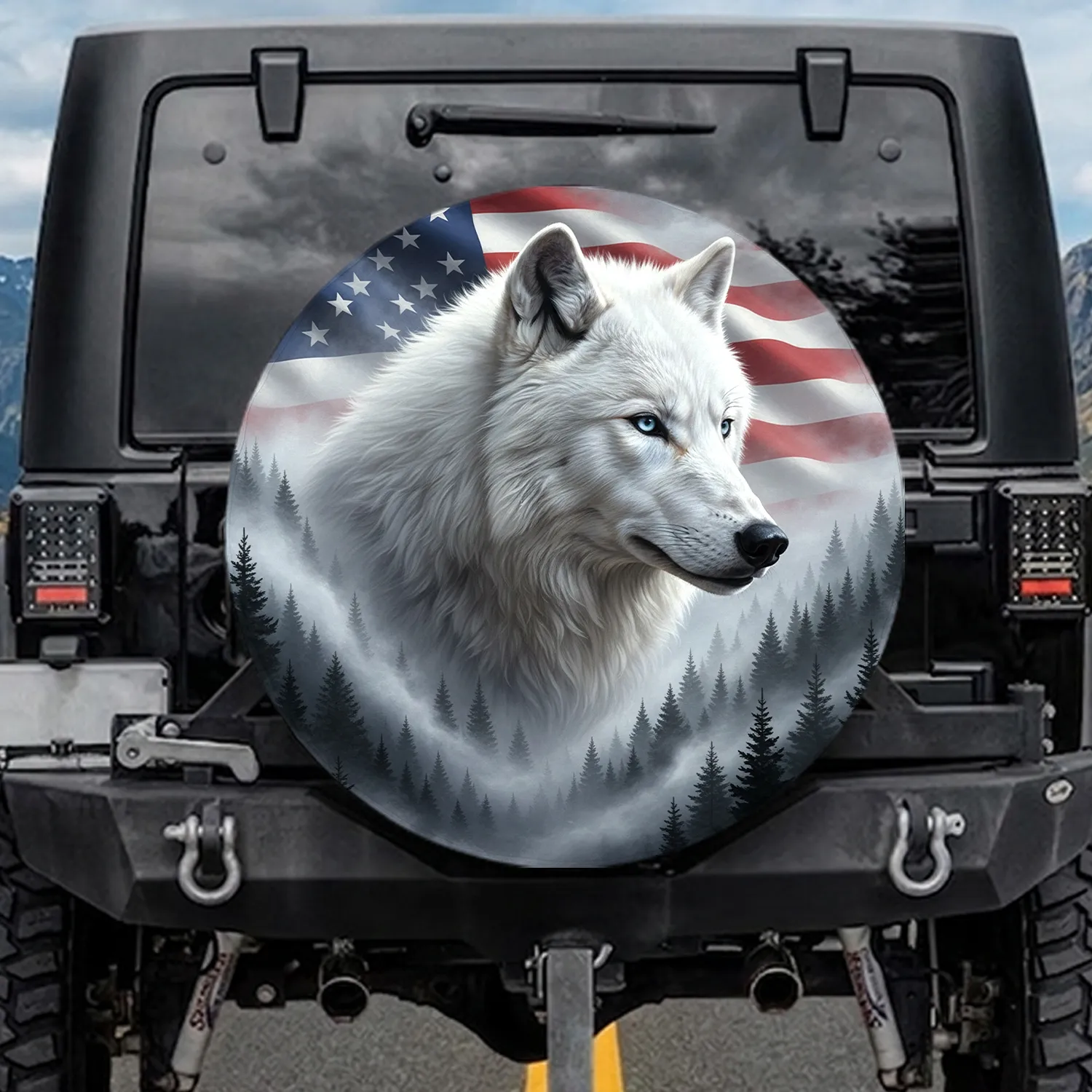 White Wolf American Flag Pine Forest - Independence Day Gift for Veterans Spare Tire Cover - 1