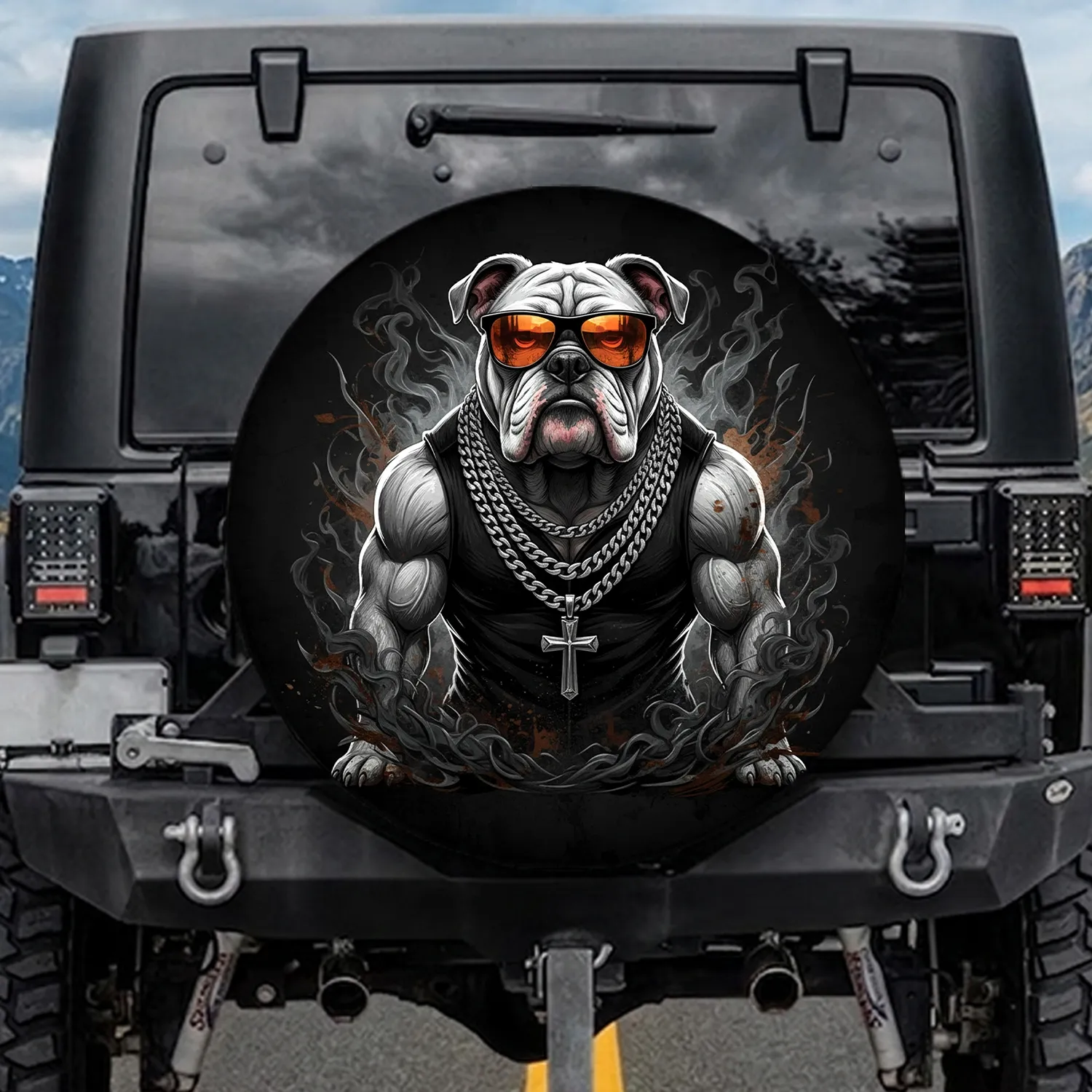 English Bulldog Sunglasses Cross Chain Dark Vest Smoke Grunge - Outdoor Style Gift for Dog Lover Spare Tire Cover - 1