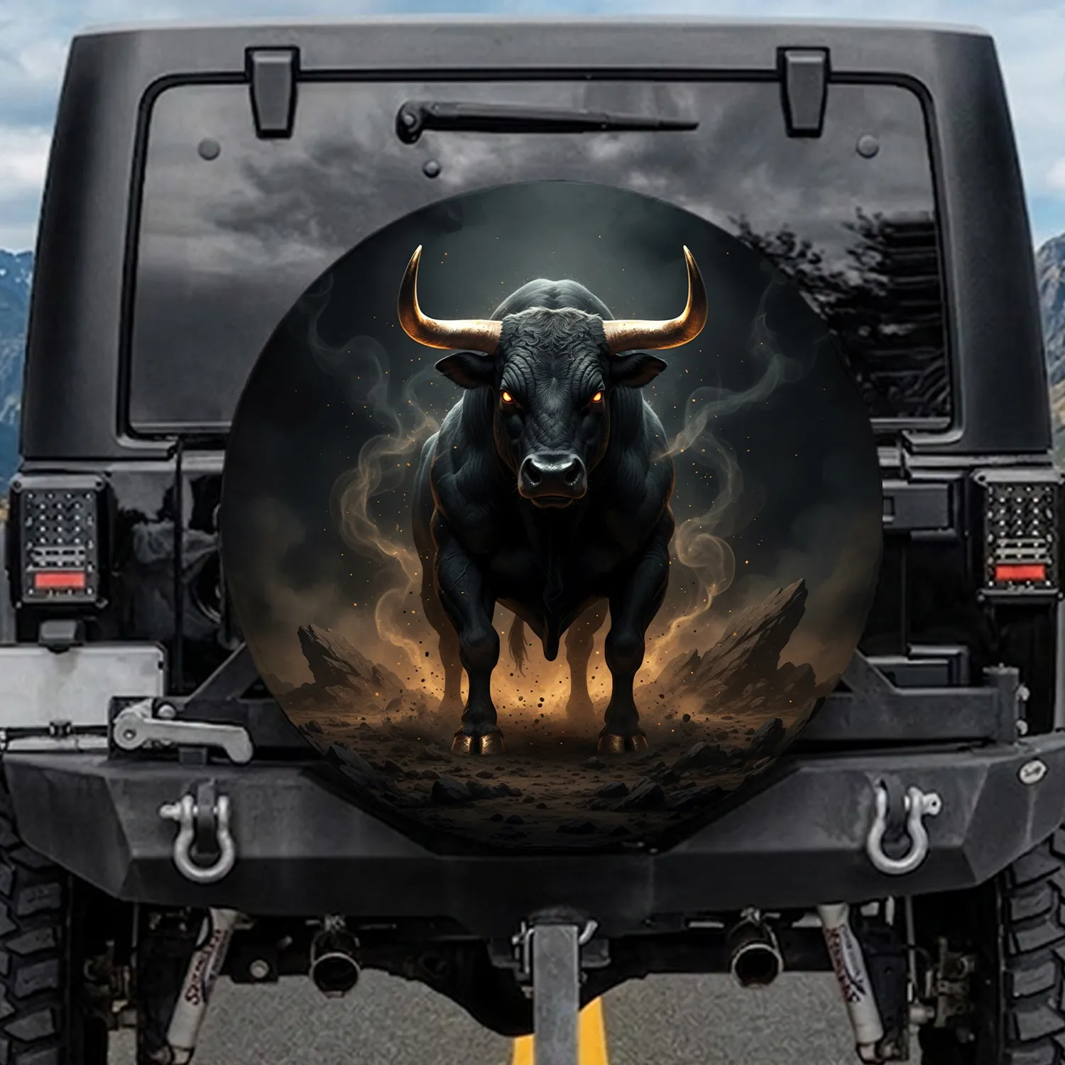 Black Bull Golden Horns Swirling Dust - Powerful Wildlife Lover Gift Spare Tire Cover - 1