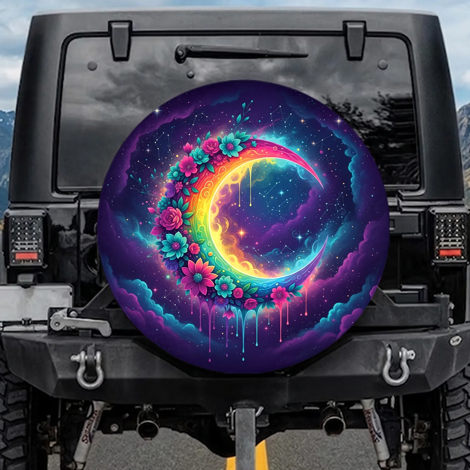 Crescent Moon Glowing Floral Cosmic Sky - Home Decor Gift for Stargazer Spare Tire Cover - 1