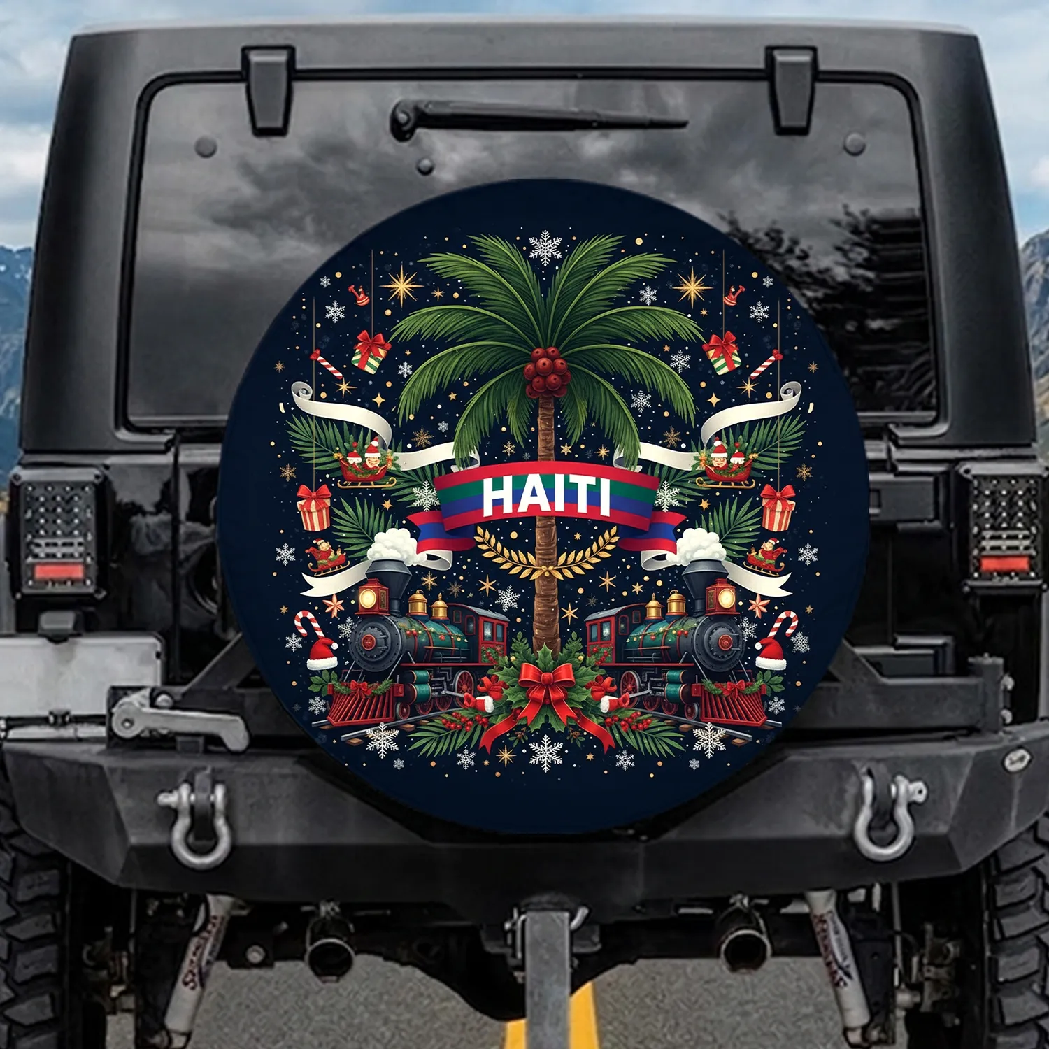Haiti Trains Palm Tree Christmas Snowflakes - Christmas Gift Spare Tire Cover - 1