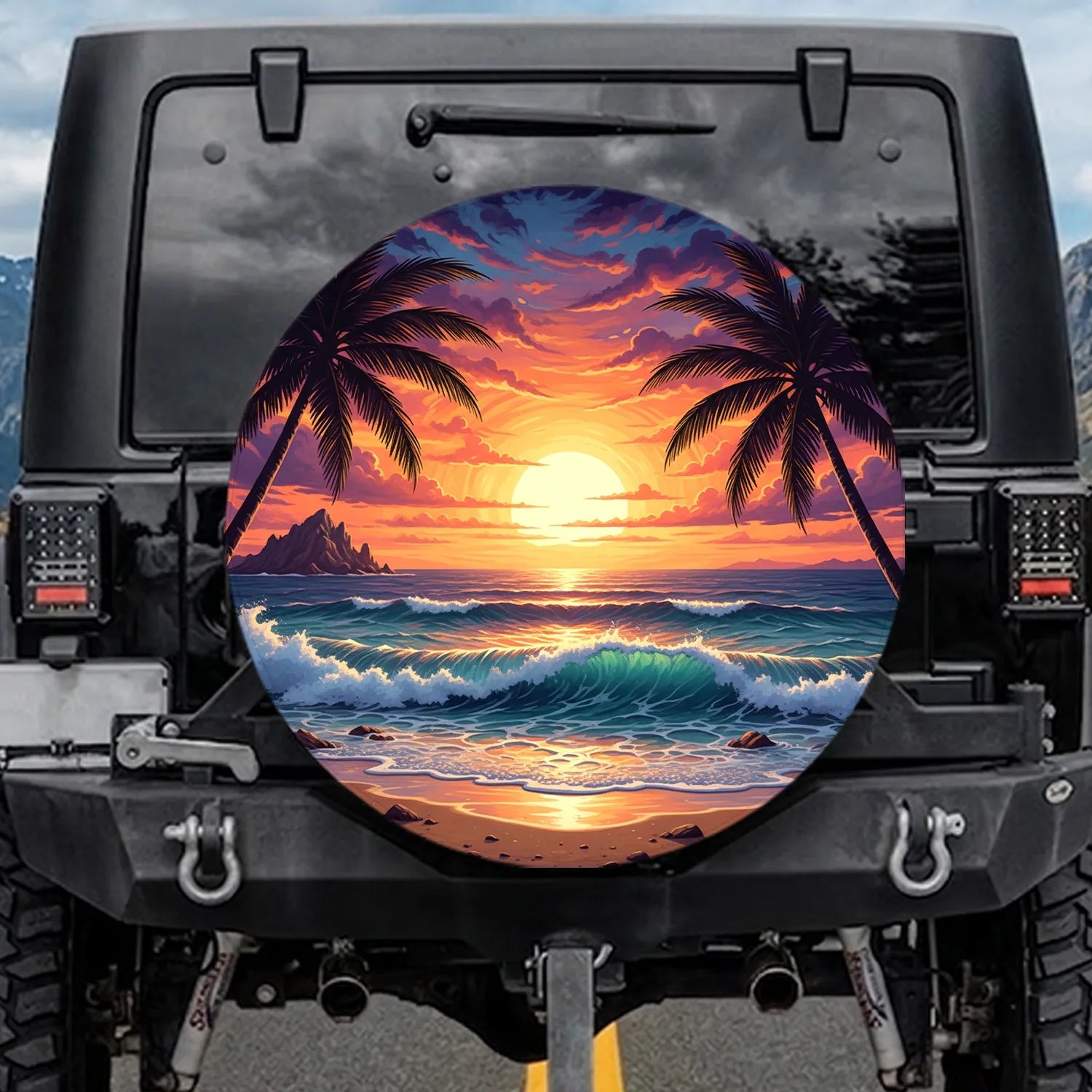 Radiant Sun Tropical Ocean Sunset Waves Palm Trees Island Beach - Adventure Travel Gift Spare Tire Cover - 1