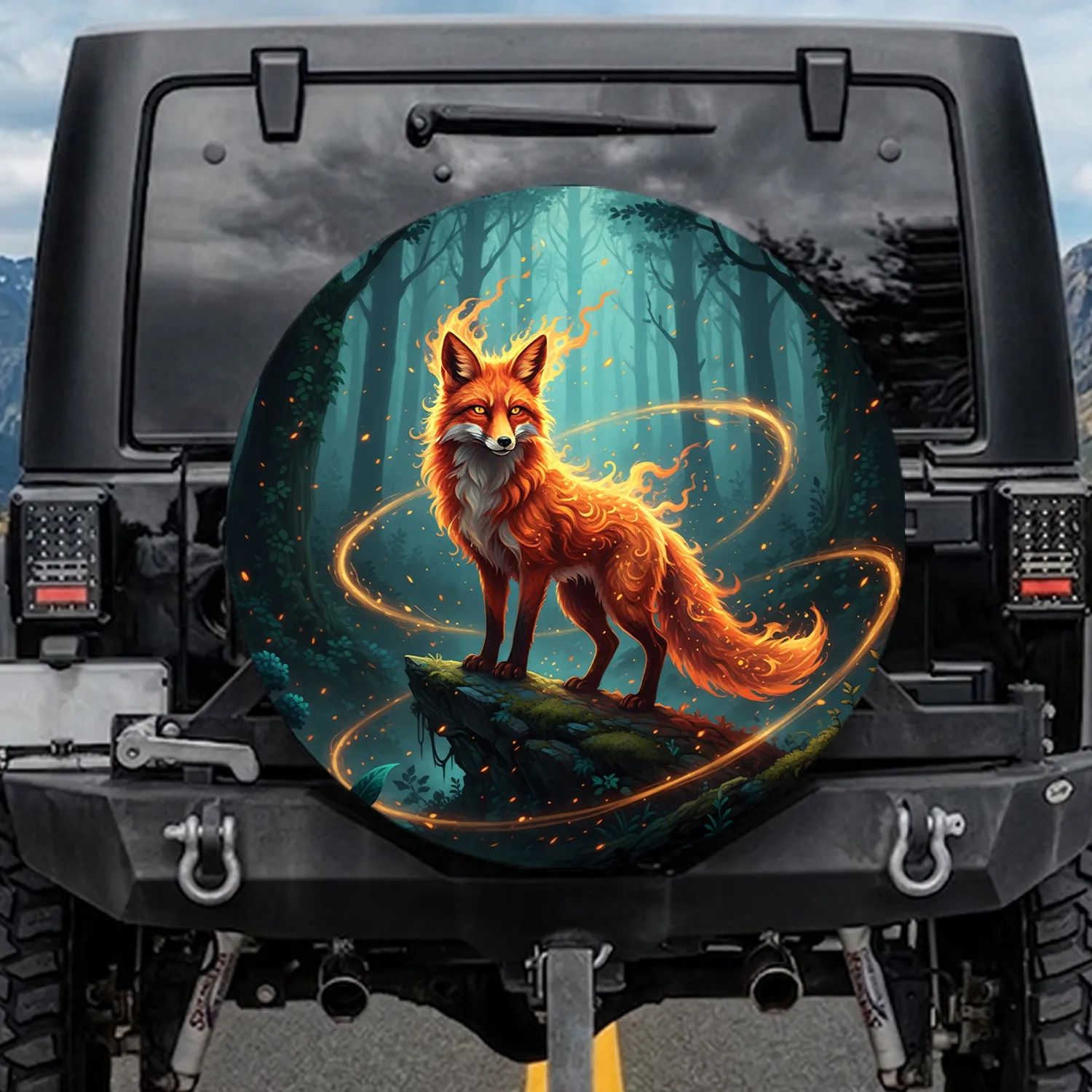 Fiery Fox Rocky Outcrop Golden Light Forest - Fantasy Fan Gift Spare Tire Cover - 1