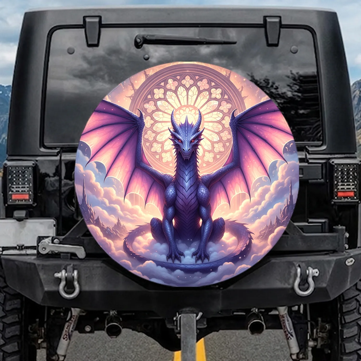 Majestic Dragon Gothic Rose Window - Home Decor Gift for Fantasy Lover Spare Tire Cover - 1